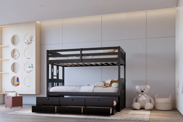 BB42 TWIN/TWIN Bunk Bed w/Twin Trundle + 3 Drawers (Black)