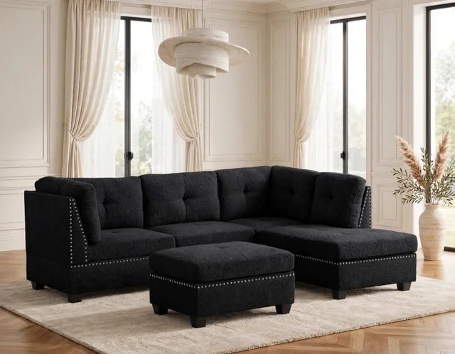 Sienna Boucle Black Sectional + Ottoman Set **FLASH SALE**