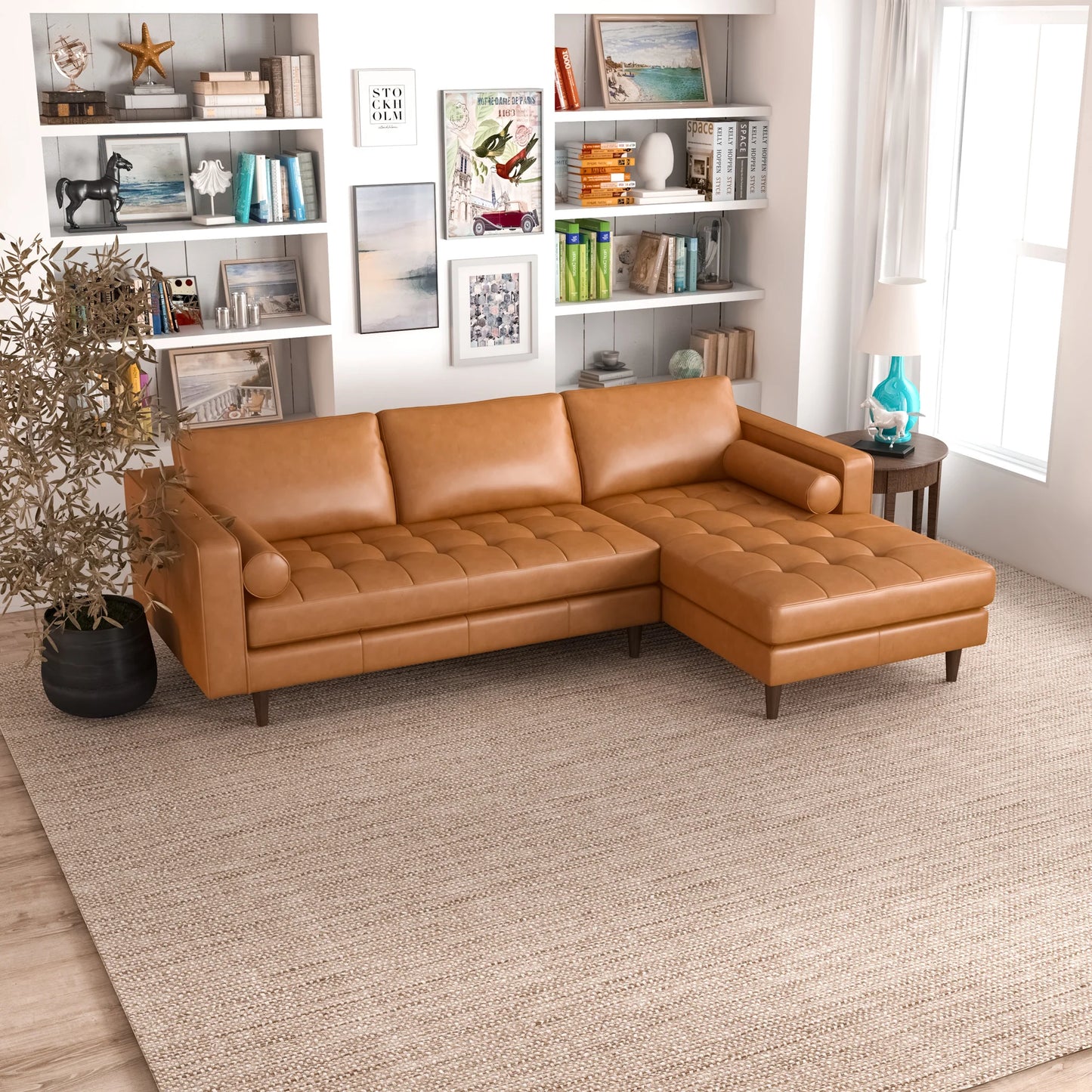Daphne Leather L Shape Corner Sofa (Tan-Right Facing)