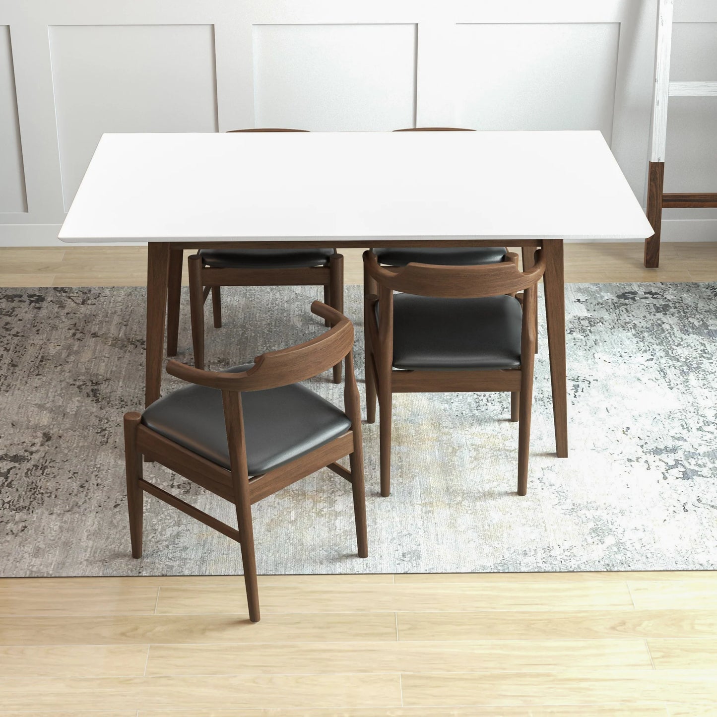 Adira (Large - White) Dining Set with 4 Zola (Black Leather) Dining Chairs