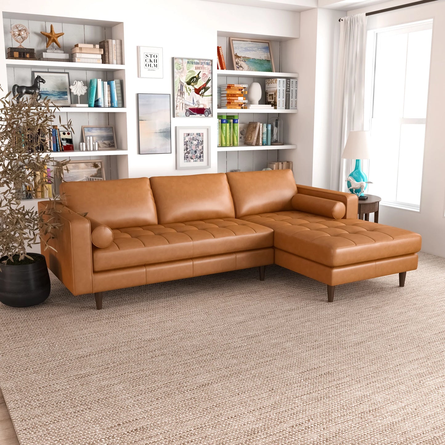 Daphne Leather L Shape Corner Sofa (Tan-Right Facing)