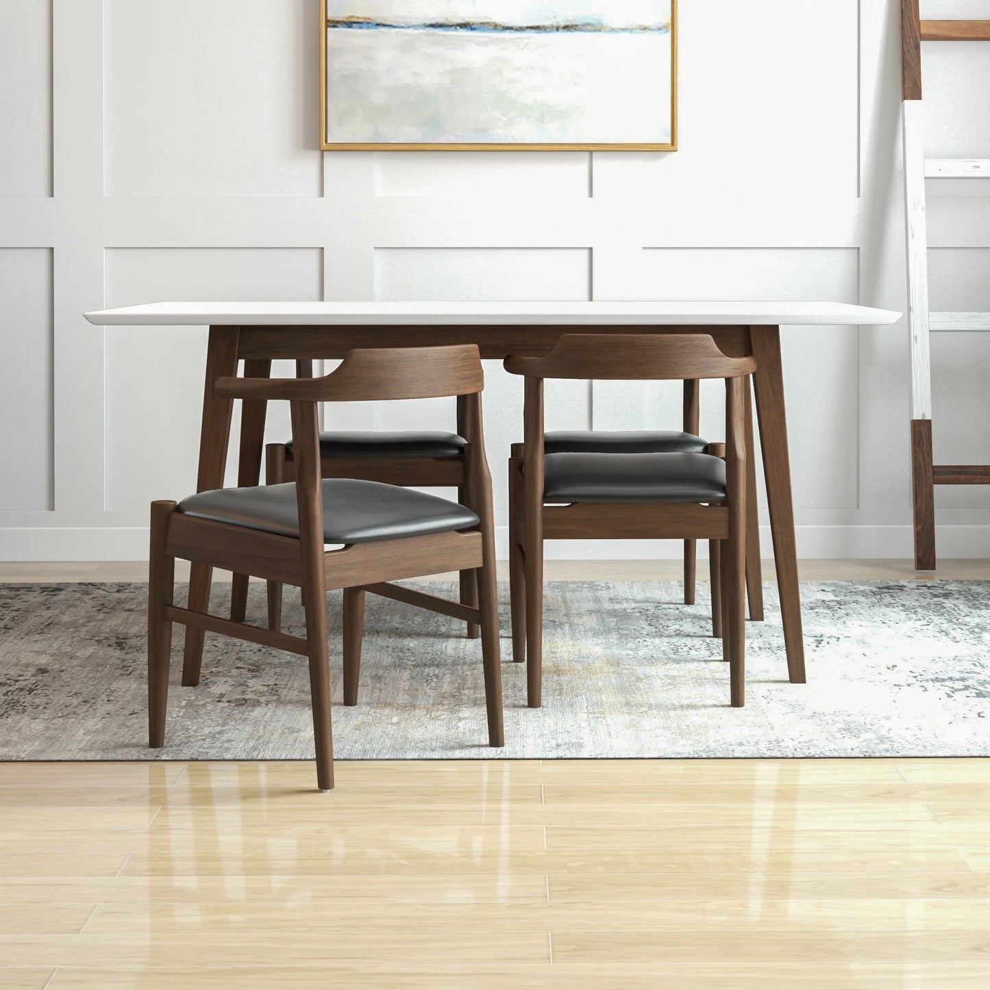 Adira (Large - White) Dining Set with 4 Zola (Black Leather) Dining Chairs