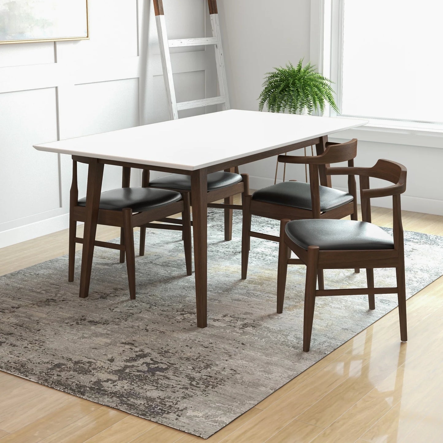 Adira (Large - White) Dining Set with 4 Zola (Black Leather) Dining Chairs