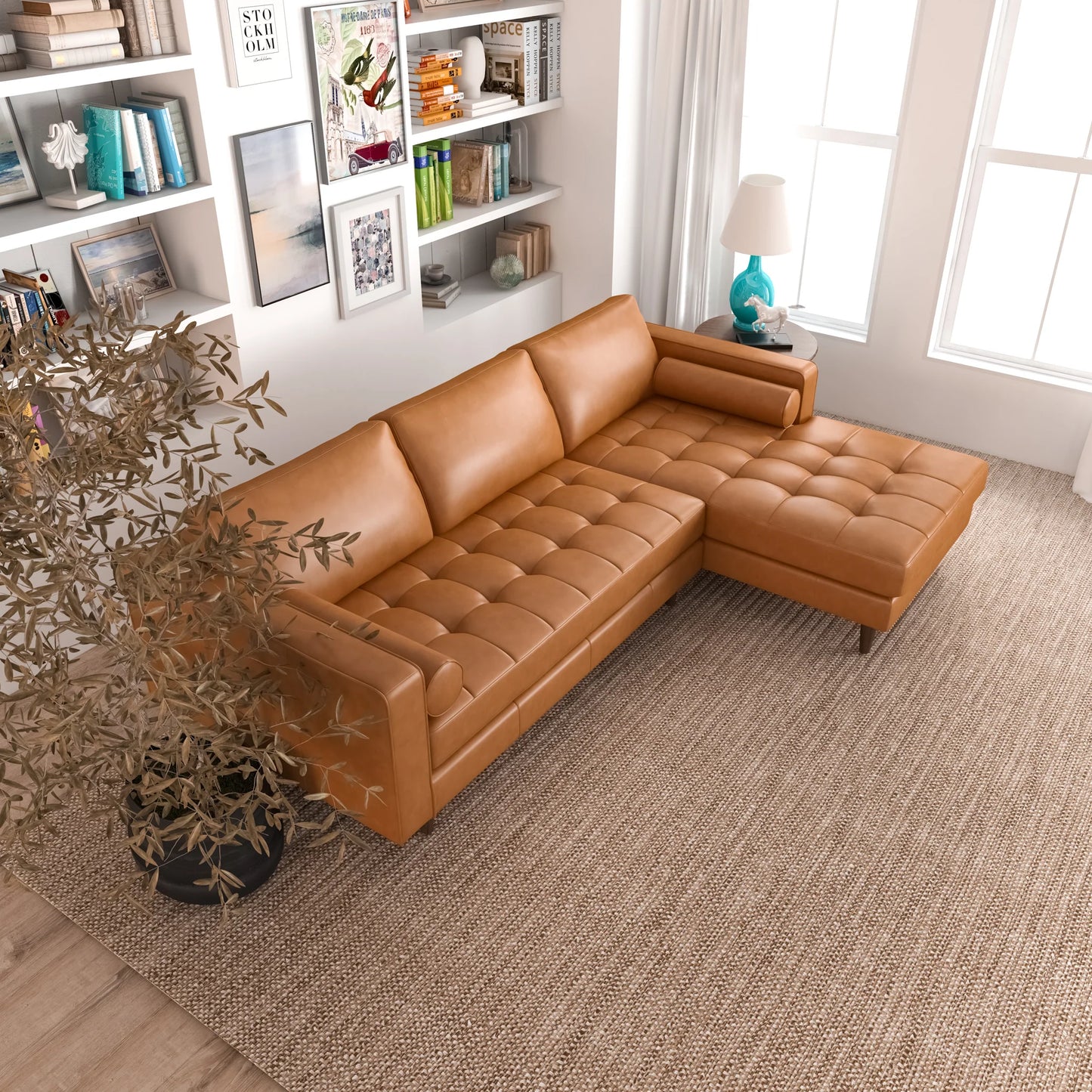 Daphne Leather L Shape Corner Sofa (Tan-Right Facing)