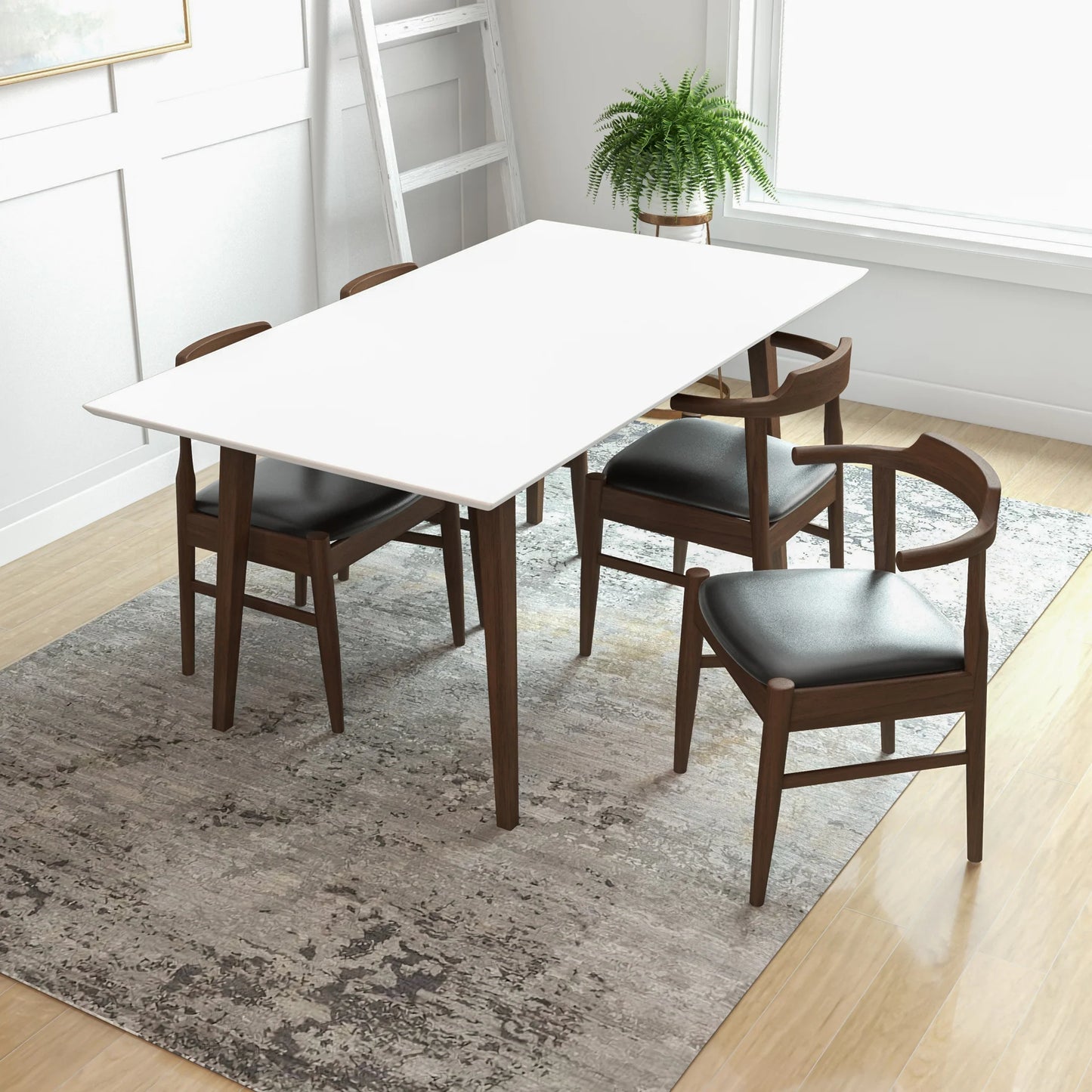 Adira (Large - White) Dining Set with 4 Zola (Black Leather) Dining Chairs
