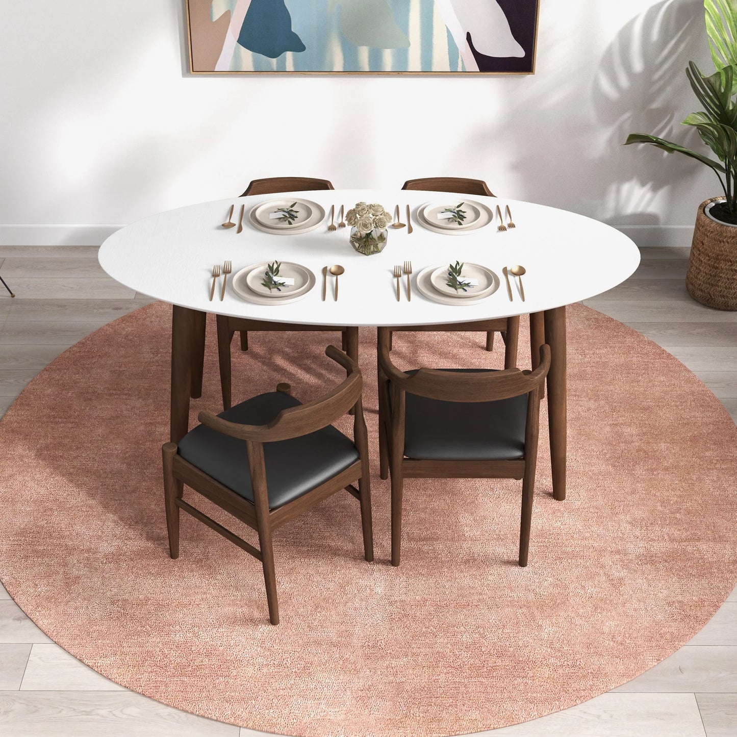Rixos Dining Table (White Top) Zola Dining Leather Chair (Black PU) Set of 4