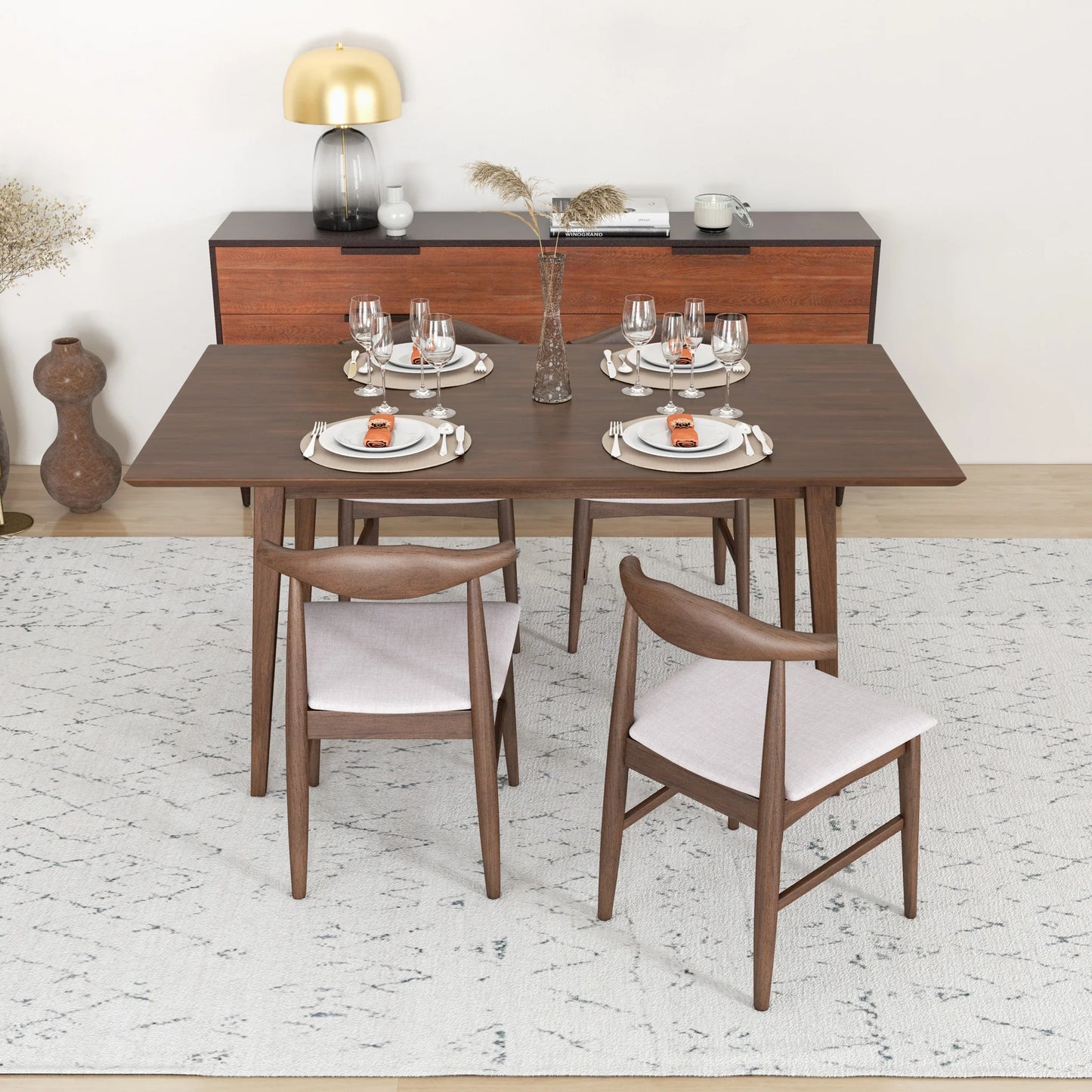 Alpine (Large - Walnut) Dining Set with 4 Winston (Beige) Dining Chairs