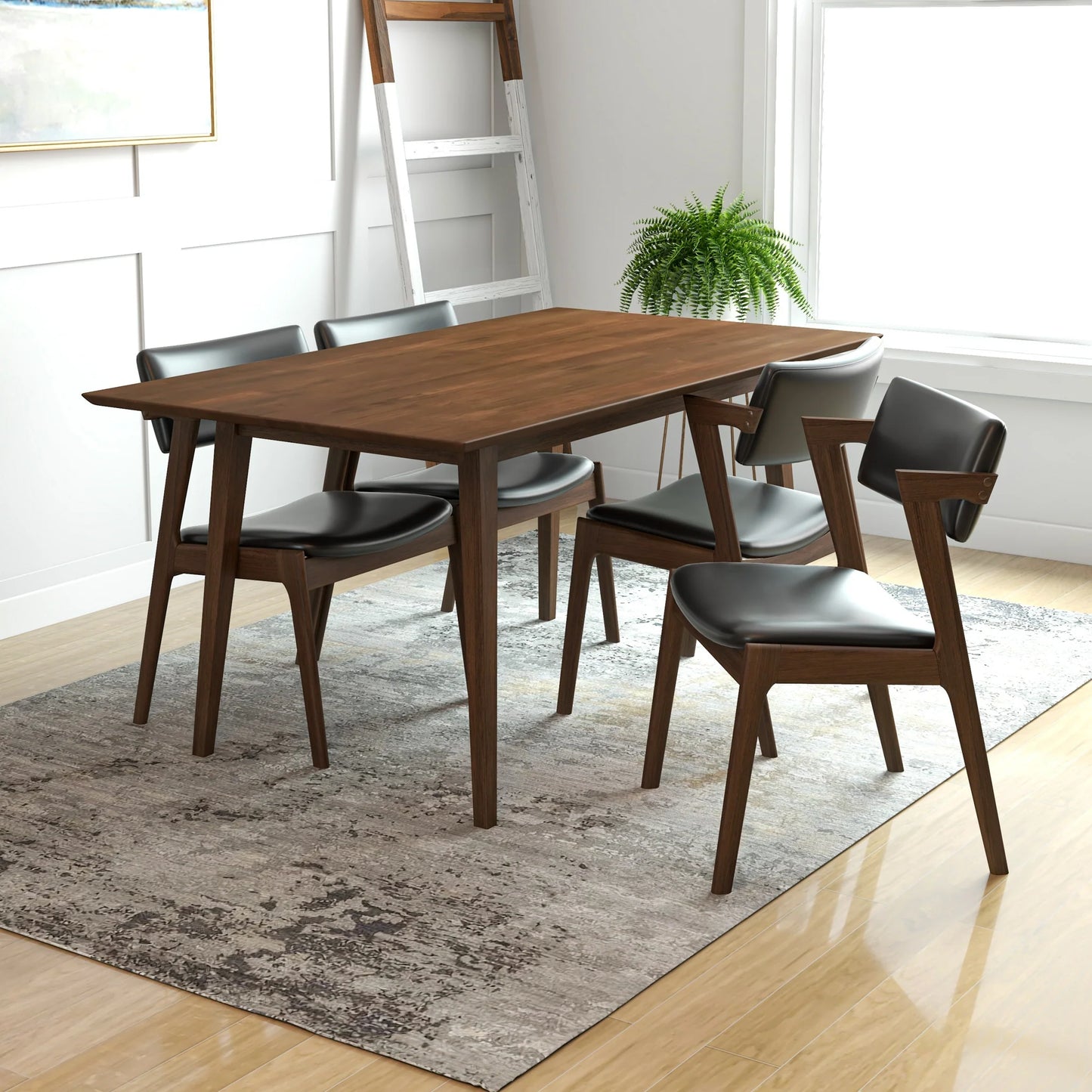 Adira Large Walnut Dining Set with 4 Ricco Black Leather Dining Chairs