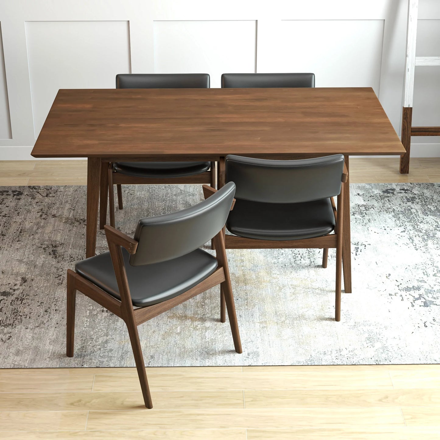 Adira Large Walnut Dining Set with 4 Ricco Black Leather Dining Chairs