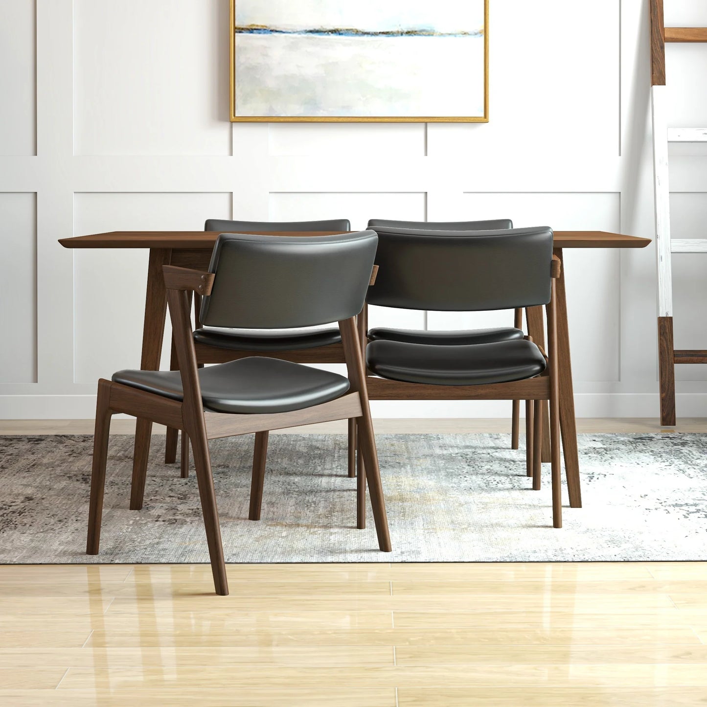 Adira Large Walnut Dining Set with 4 Ricco Black Leather Dining Chairs