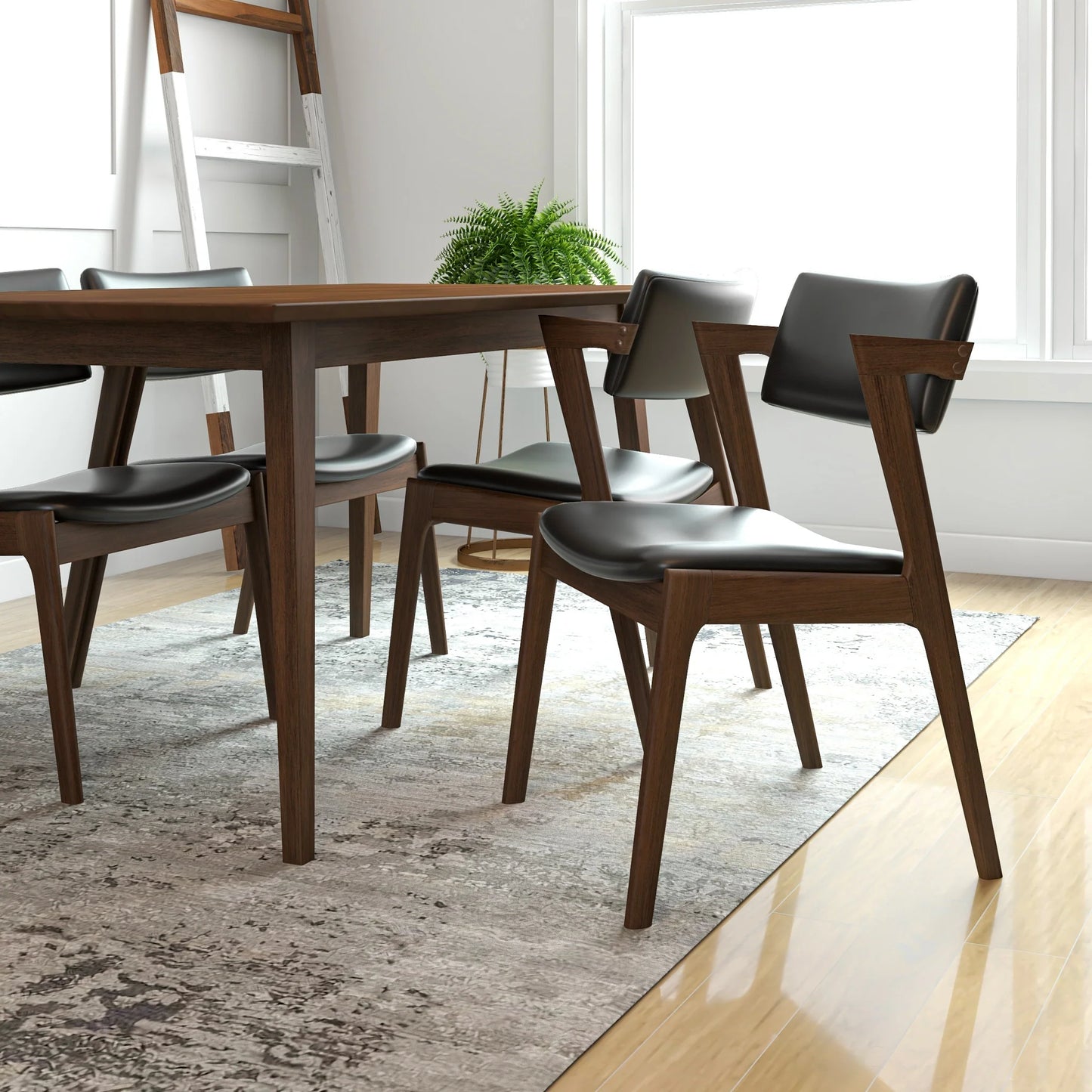 Adira Large Walnut Dining Set with 4 Ricco Black Leather Dining Chairs