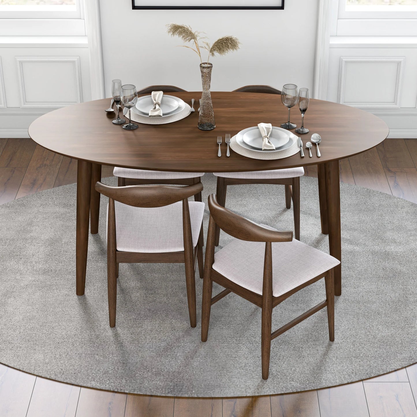 Rixos (Walnut) Oval Dining Set with 4 Winston (Beige) Dining Chairs