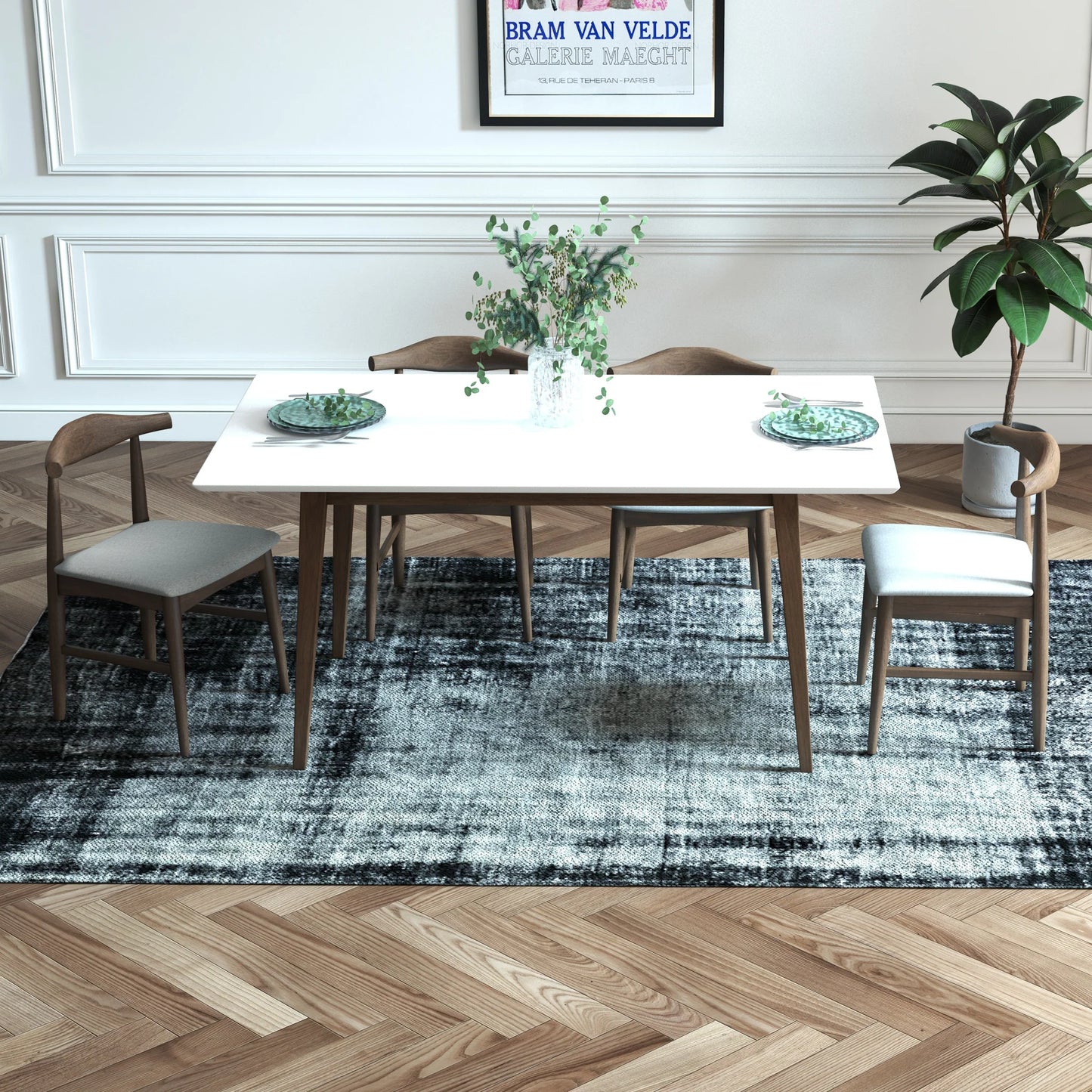 Adira (Large - White) Dining Set with 4 Winston (Grey) Dining Chairs