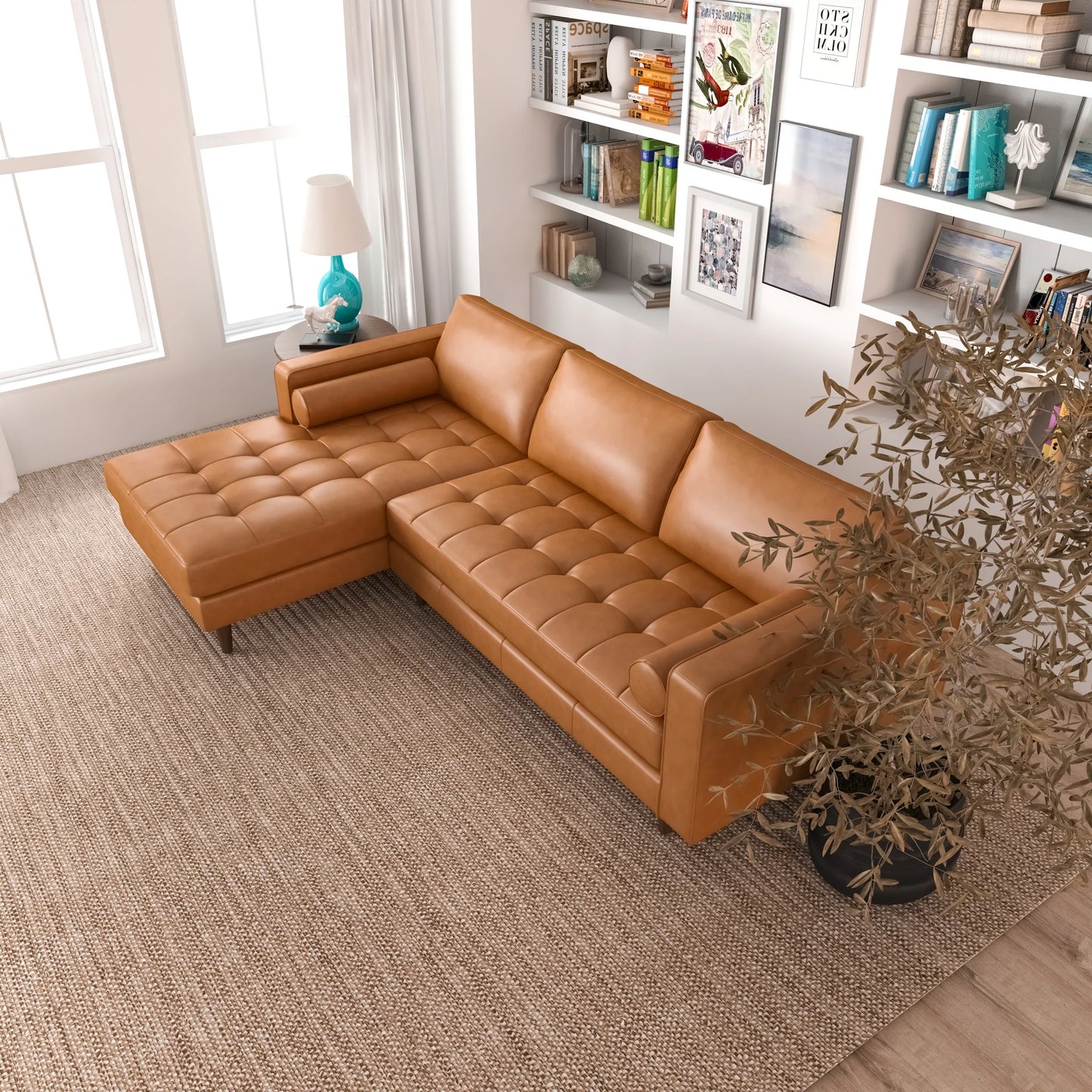 Daphne Leather L Shape Corner Sofa (Tan-Left Facing)