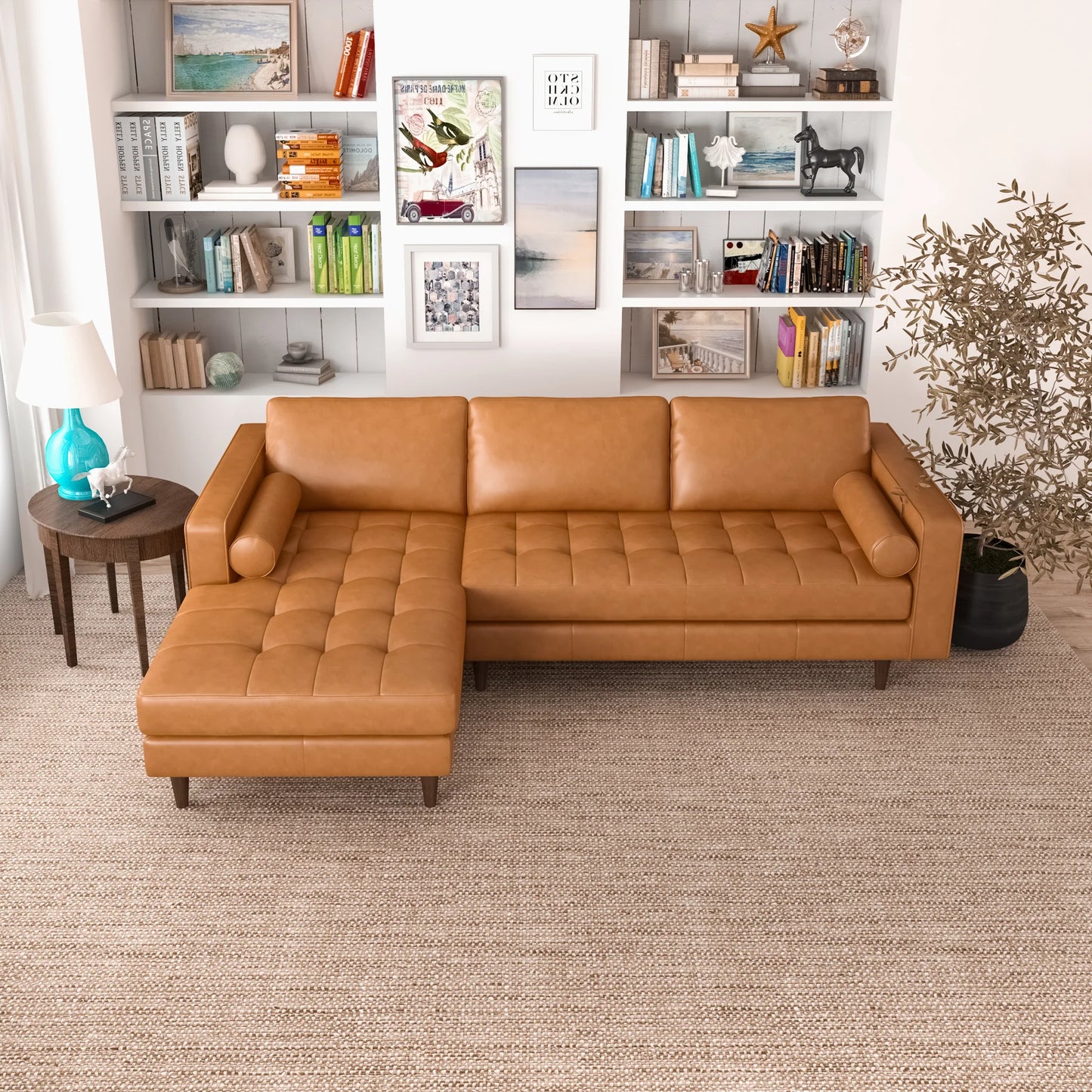 Daphne Leather L Shape Corner Sofa (Tan-Left Facing)