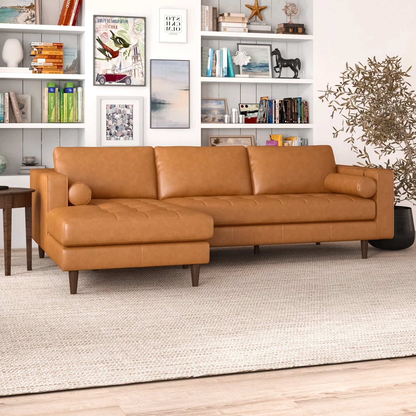 Daphne Leather L Shape Corner Sofa (Tan-Left Facing)