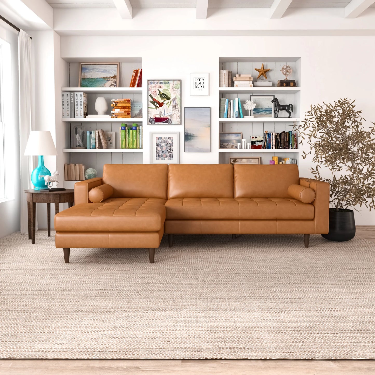 Daphne Leather L Shape Corner Sofa (Tan-Left Facing)