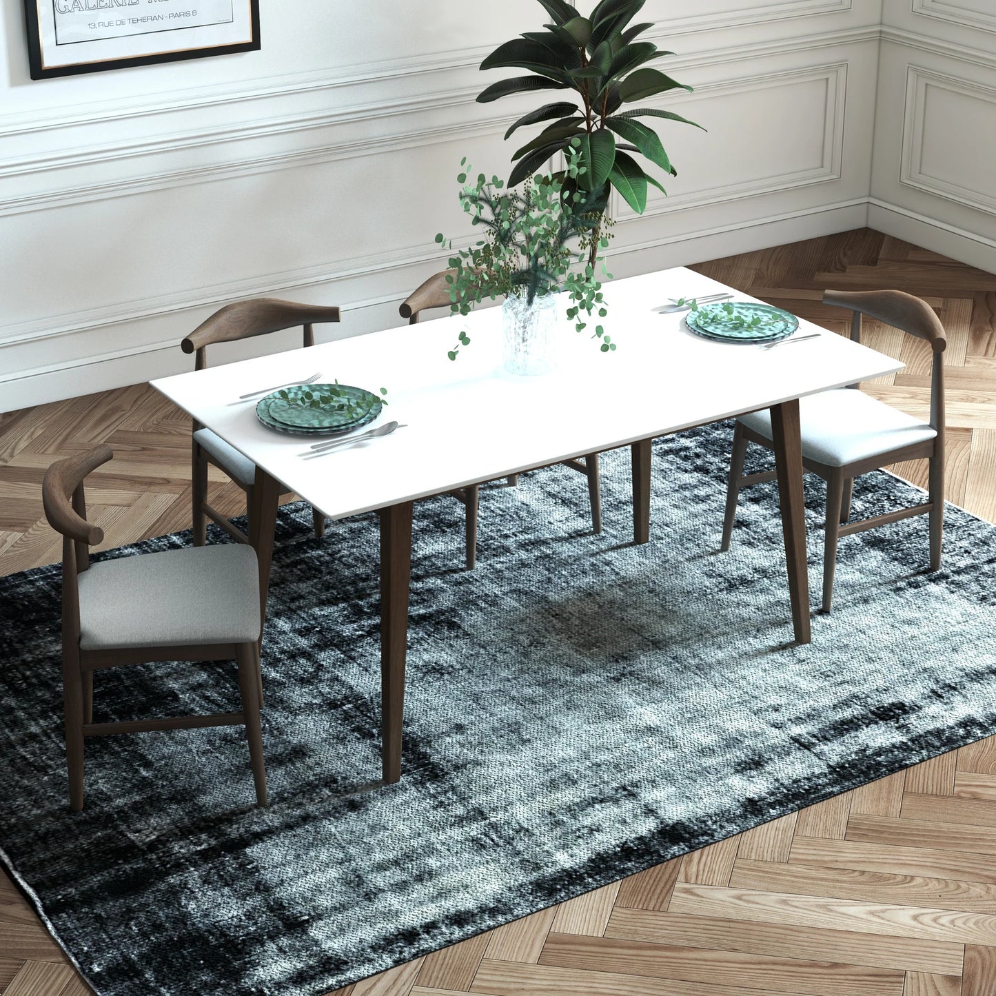 Adira (Large - White) Dining Set with 4 Winston (Grey) Dining Chairs
