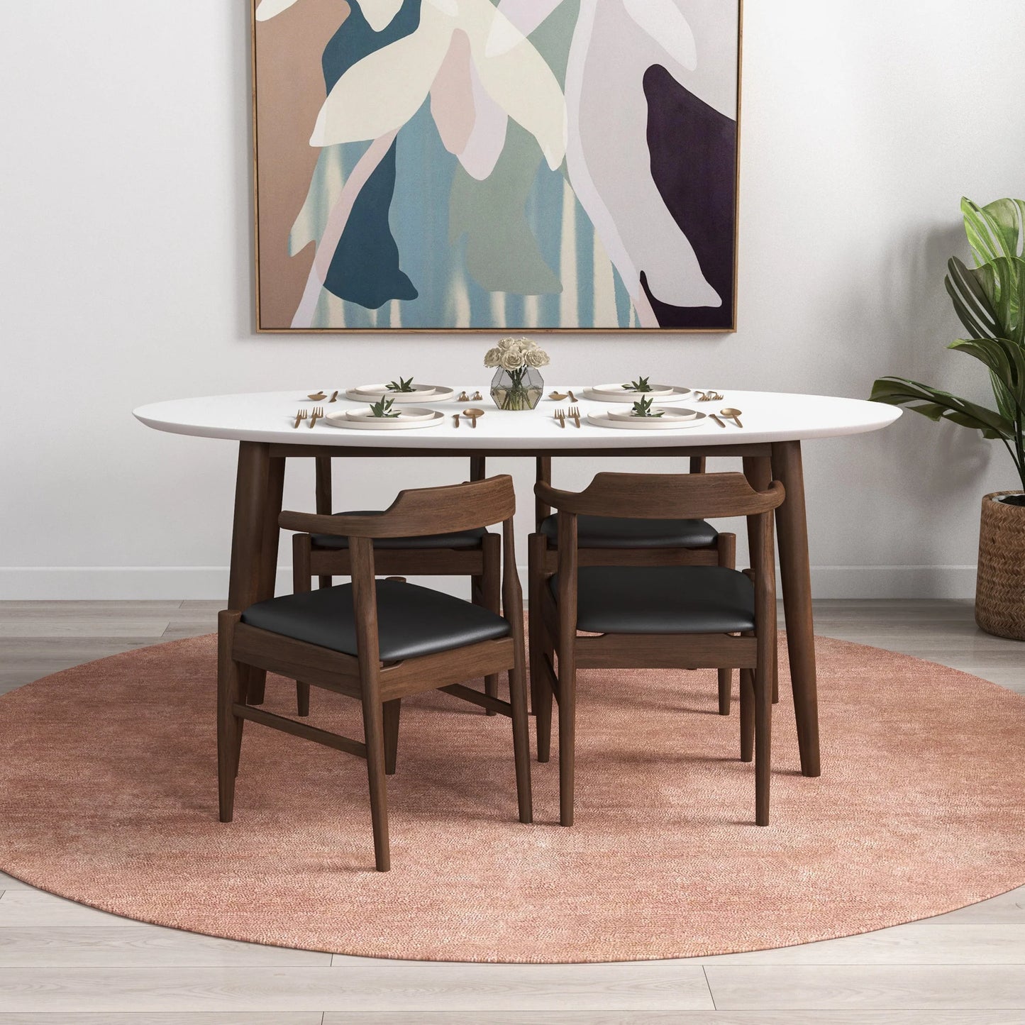 Rixos Dining Table (White Top) Zola Dining Leather Chair (Black PU) Set of 4