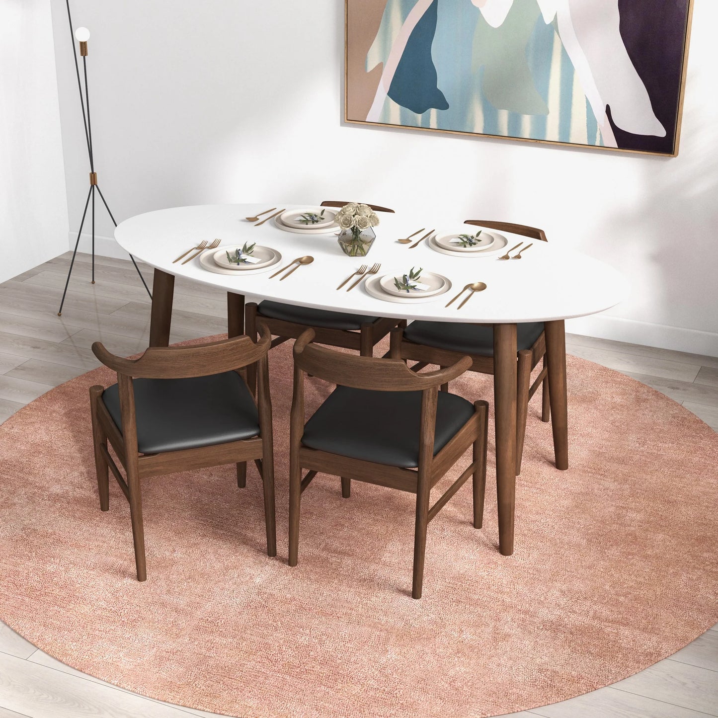 Rixos Dining Table (White Top) Zola Dining Leather Chair (Black PU) Set of 4