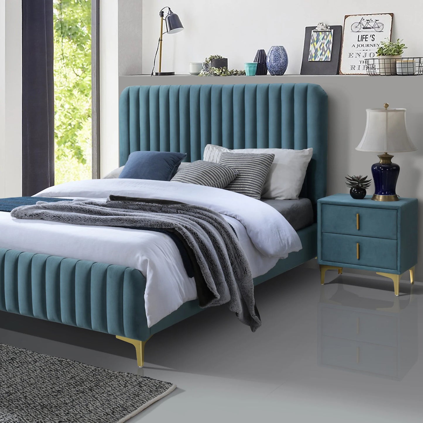 Angela Sea Blue Velvet Platform Bed