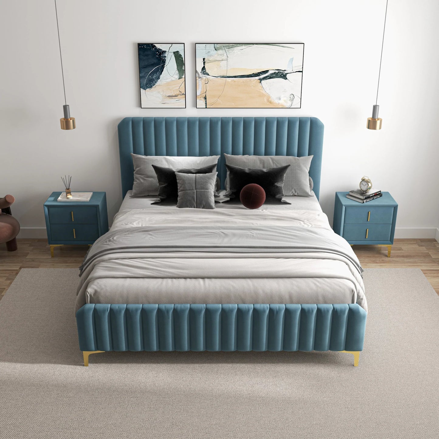 Angela Sea Blue Velvet Platform Bed
