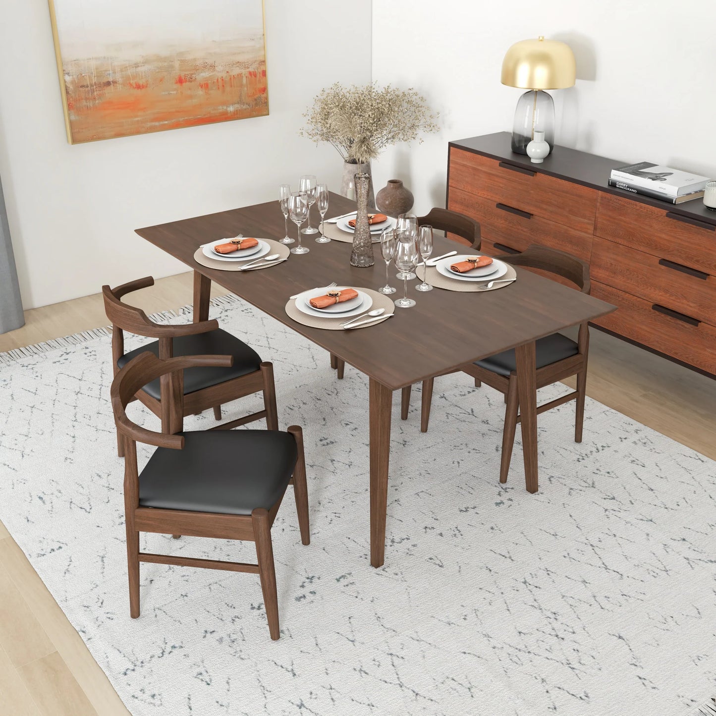 Alpine (Large - Walnut) Dining Set with 4 Zola (Black Leather) Dining Chairs