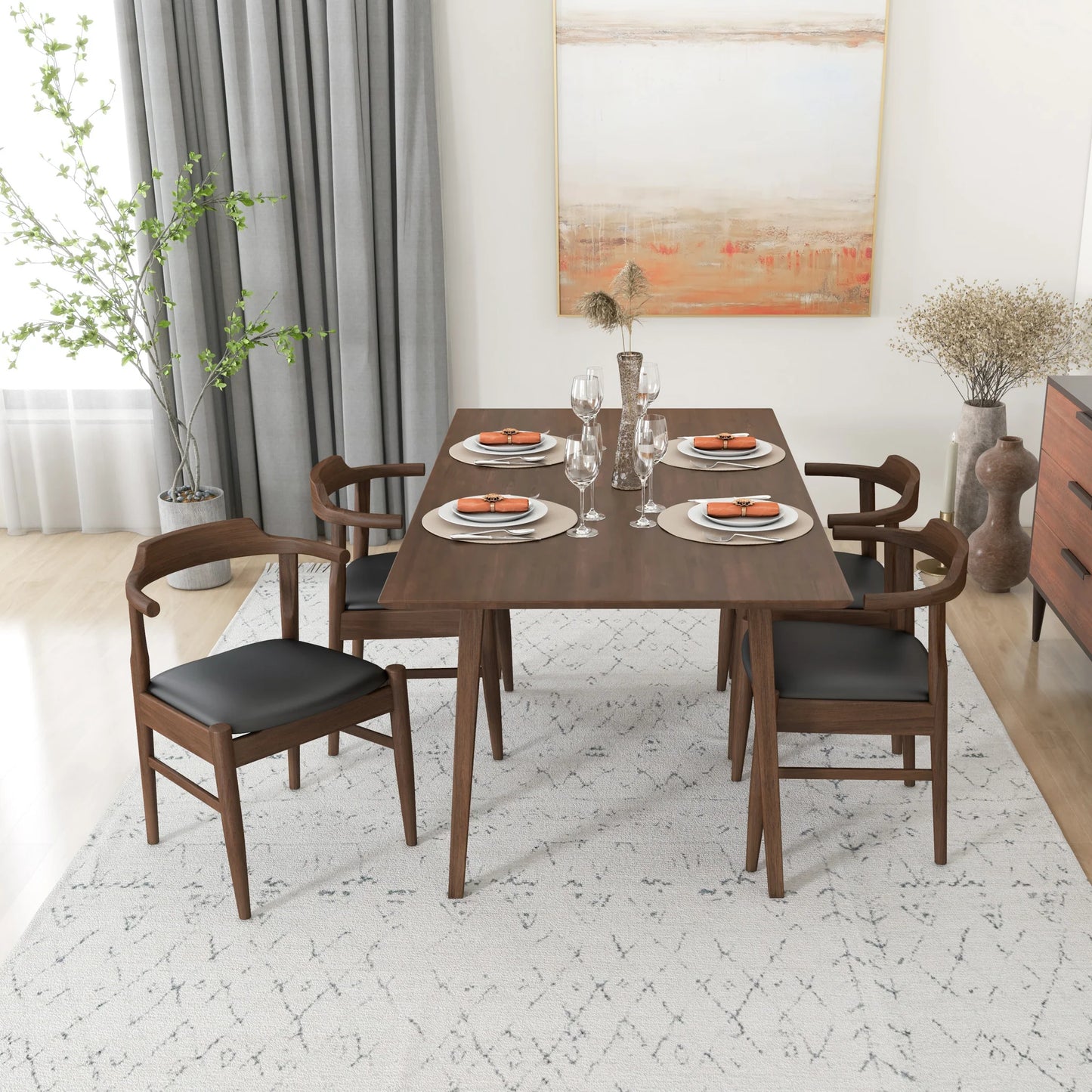 Alpine (Large - Walnut) Dining Set with 4 Zola (Black Leather) Dining Chairs