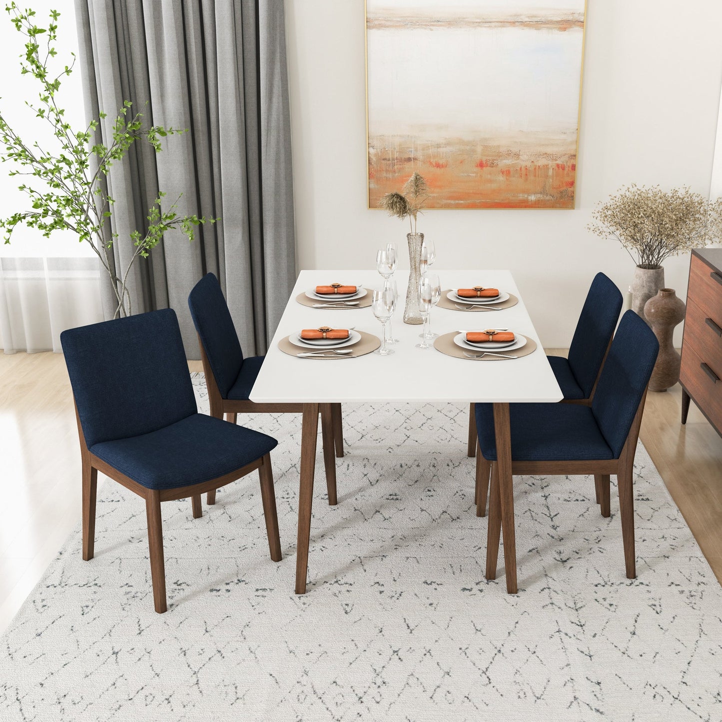 Dining Set, Alpine Large White Table with 4 Virginia Dark Blue Chairs