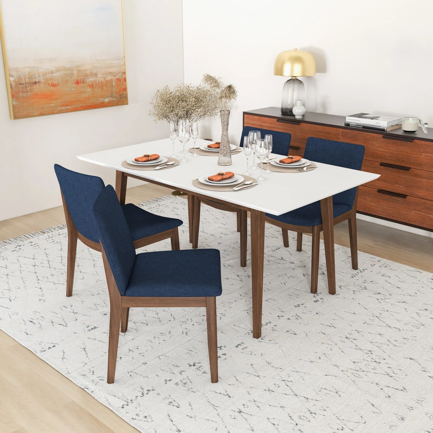 Dining Set, Alpine Large White Table with 4 Virginia Dark Blue Chairs