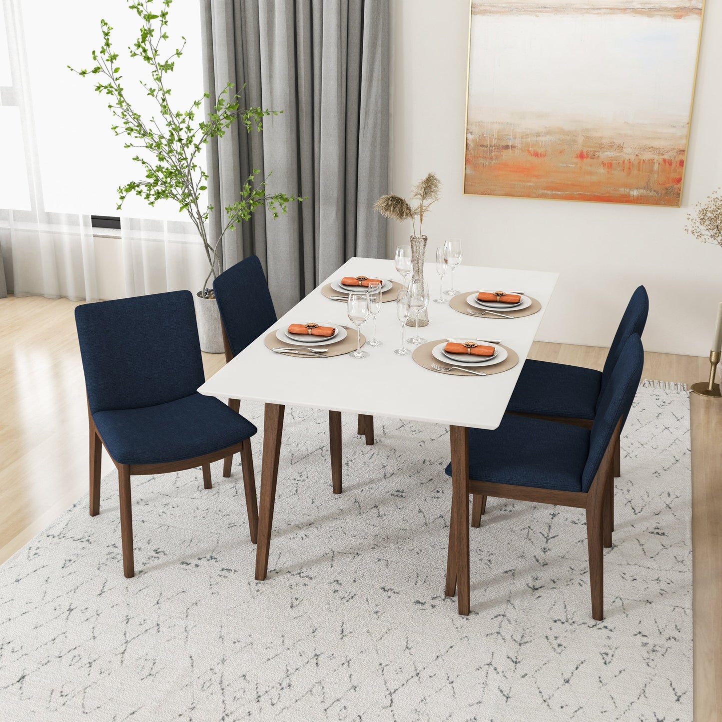 Dining Set, Alpine Large White Table with 4 Virginia Dark Blue Chairs