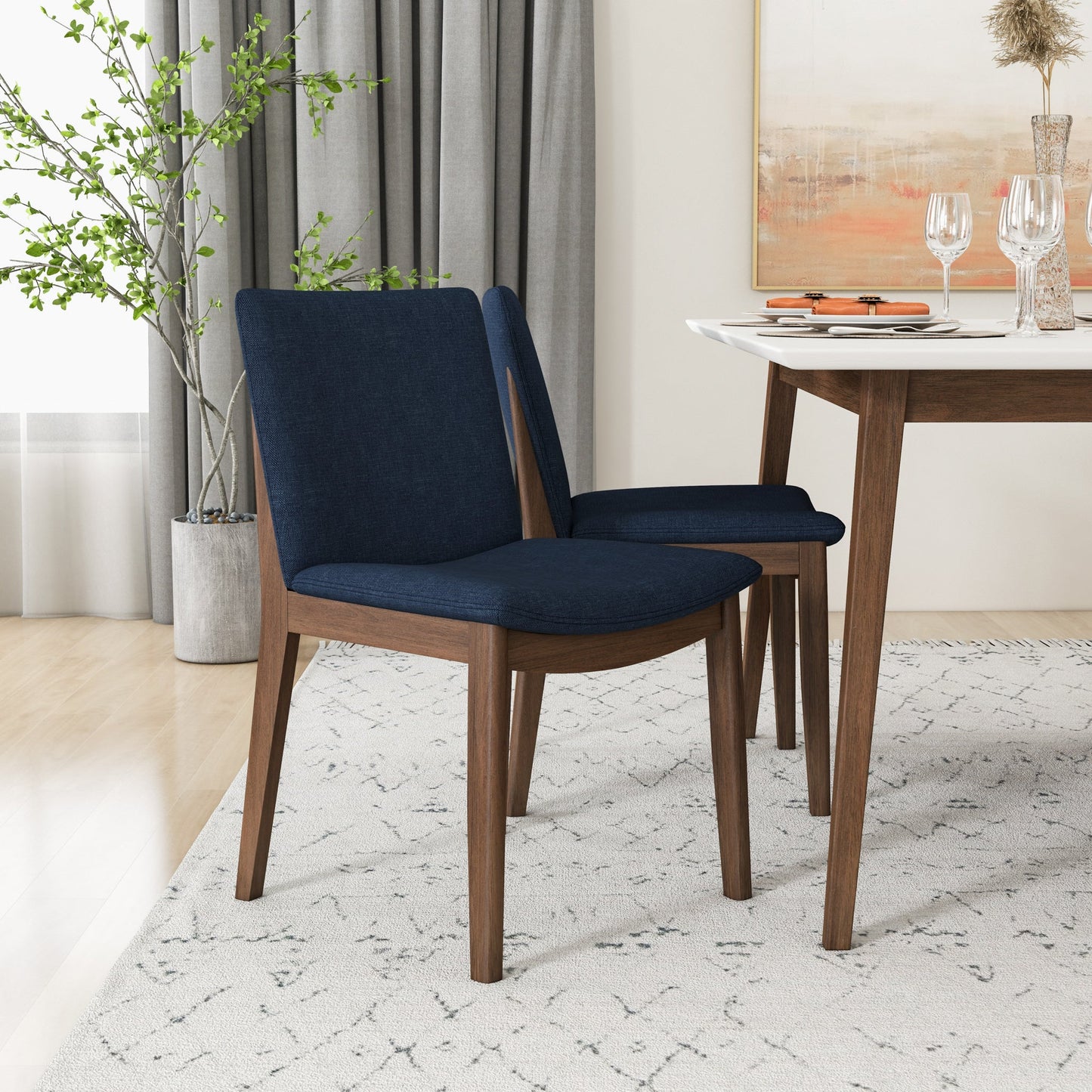 Dining Set, Alpine Large White Table with 4 Virginia Dark Blue Chairs