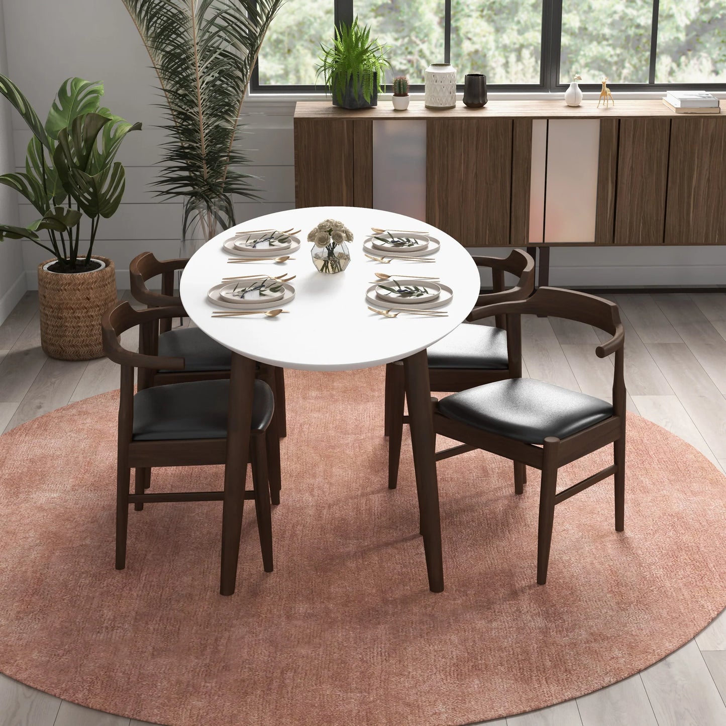 Rixos Dining Table (White Top) Zola Dining Leather Chair (Black PU) Set of 4