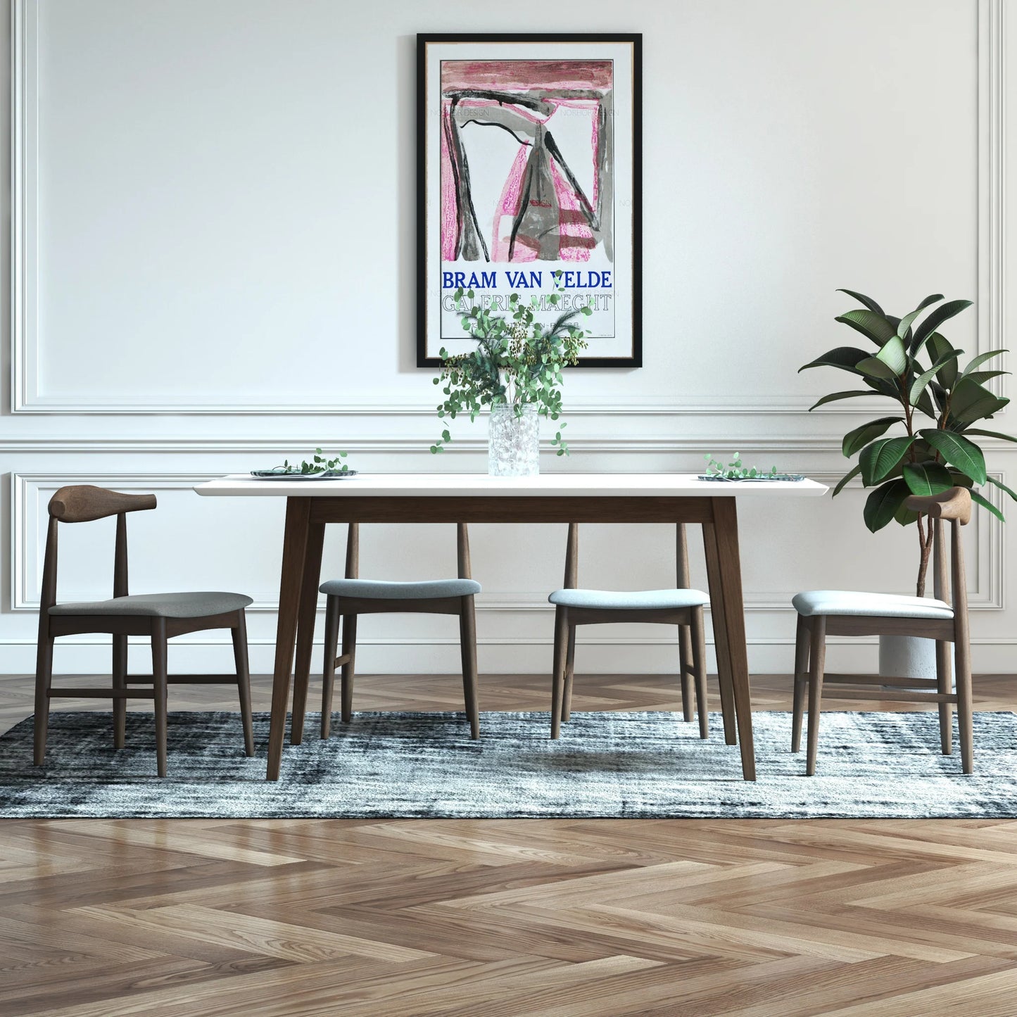Adira (Large - White) Dining Set with 4 Winston (Grey) Dining Chairs