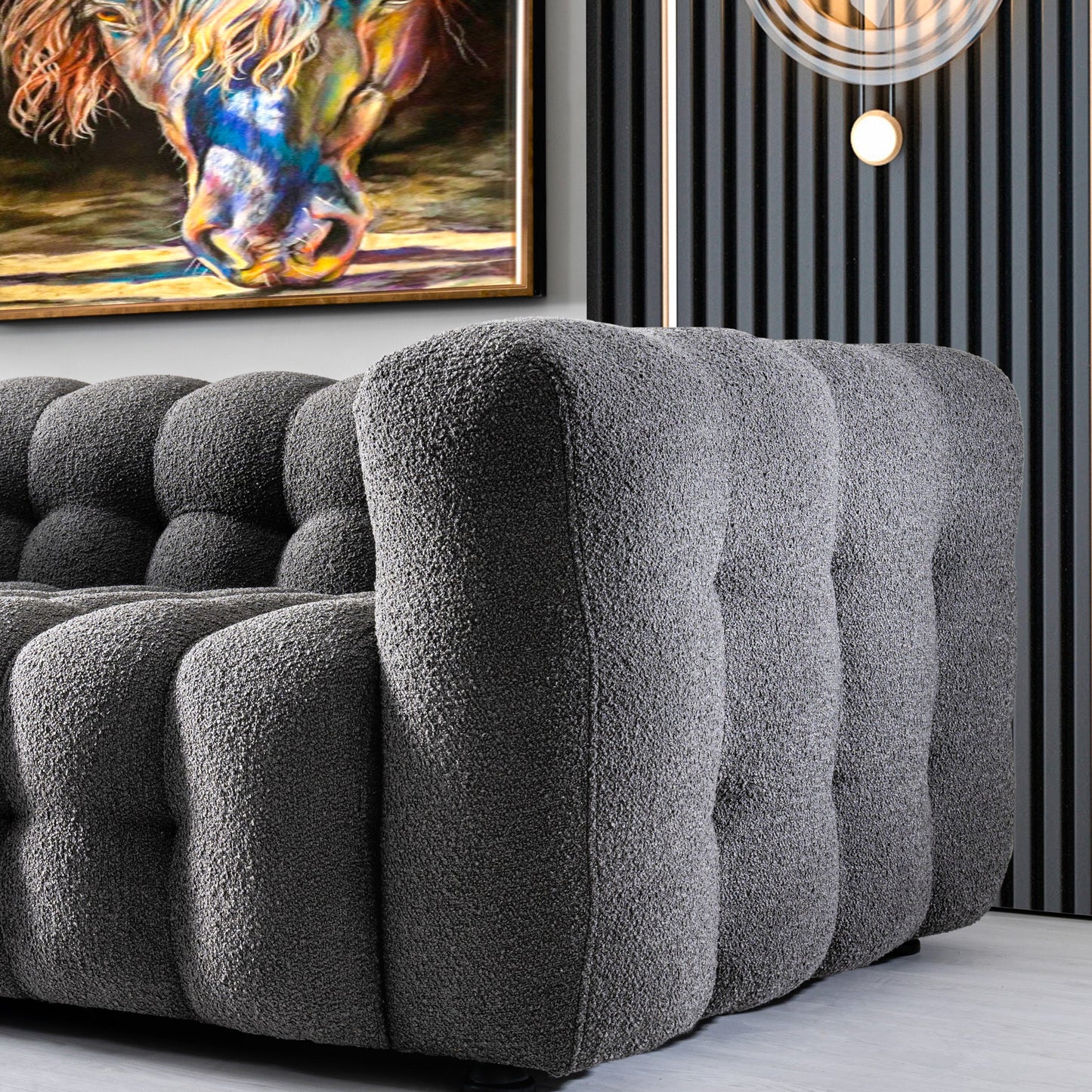 Puffydik Sofa Luxury Modern Chesterfield Boucle in Dark Gray