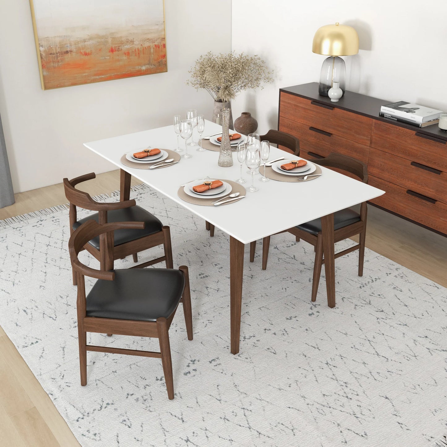 Alpine (Large - White) Dining Set with 4 Zola (Black Leather) Dining Chairs