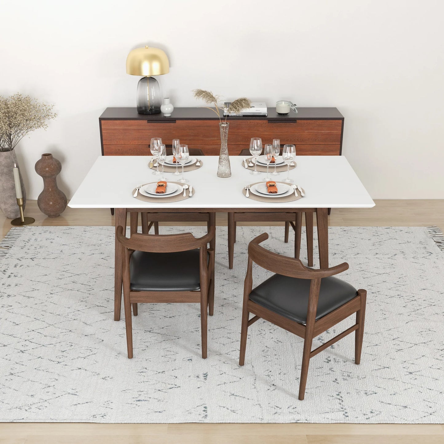Alpine (Large - White) Dining Set with 4 Zola (Black Leather) Dining Chairs