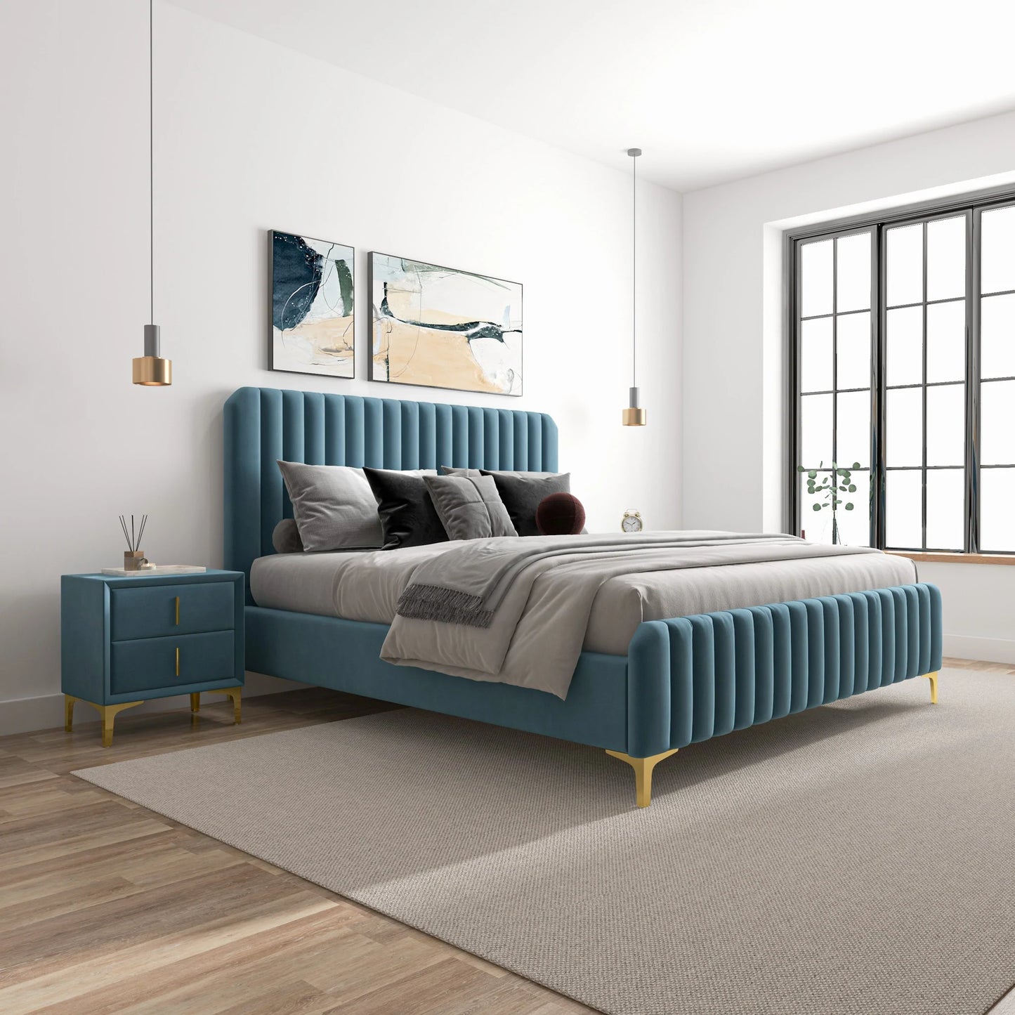 Angela Sea Blue Velvet Platform Bed