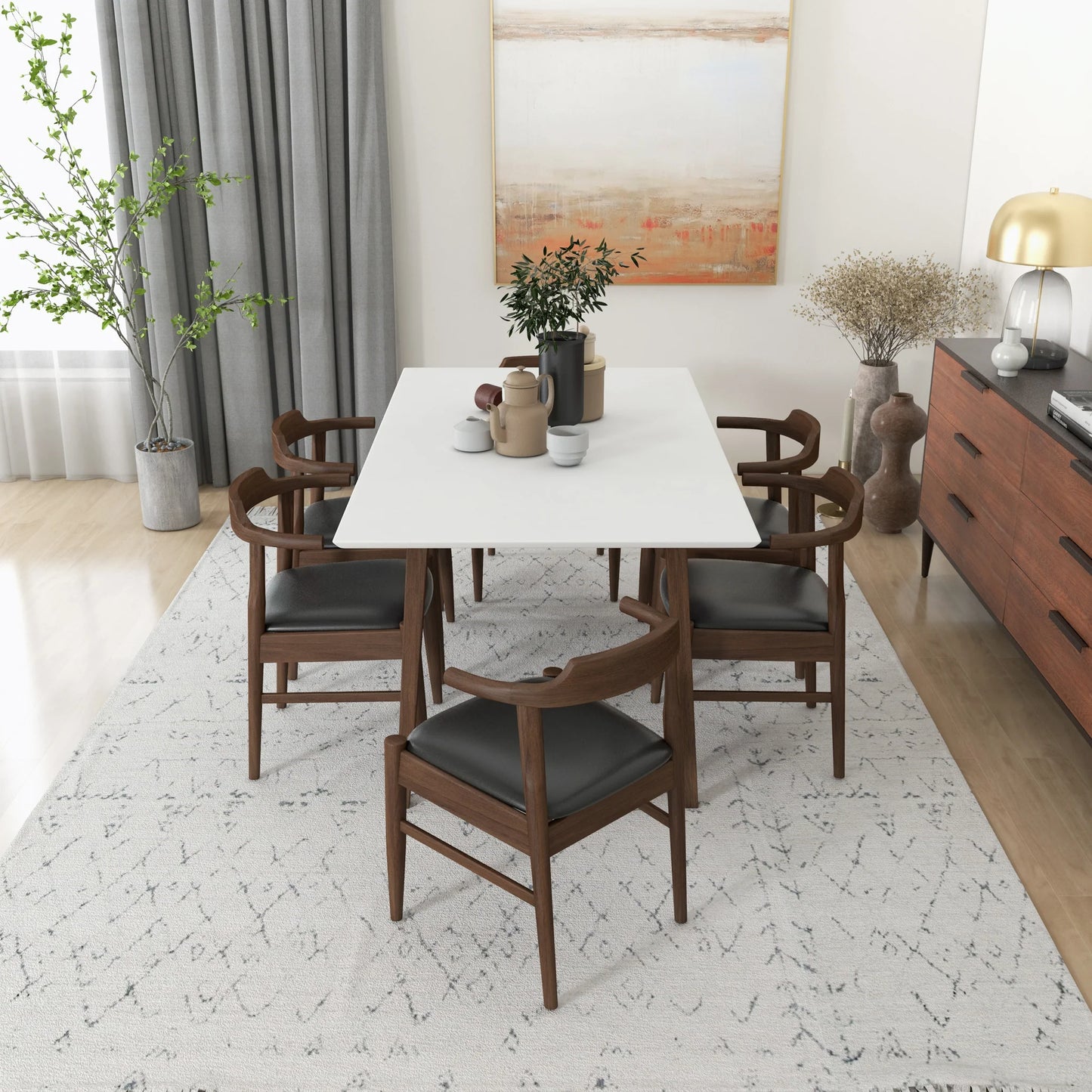 Dining Set, Alpine Large WHITE Table with 6 Zola Black Leather Chairs