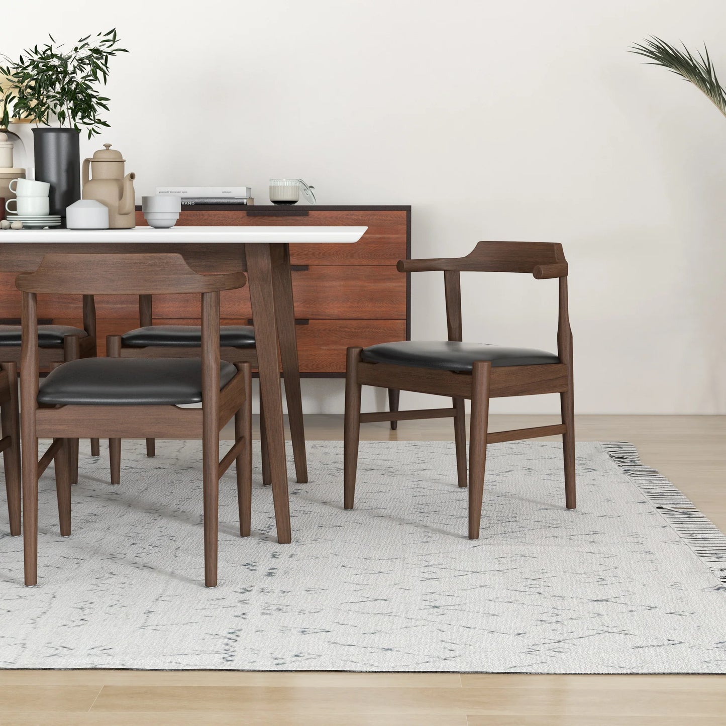 Dining Set, Alpine Large WHITE Table with 6 Zola Black Leather Chairs