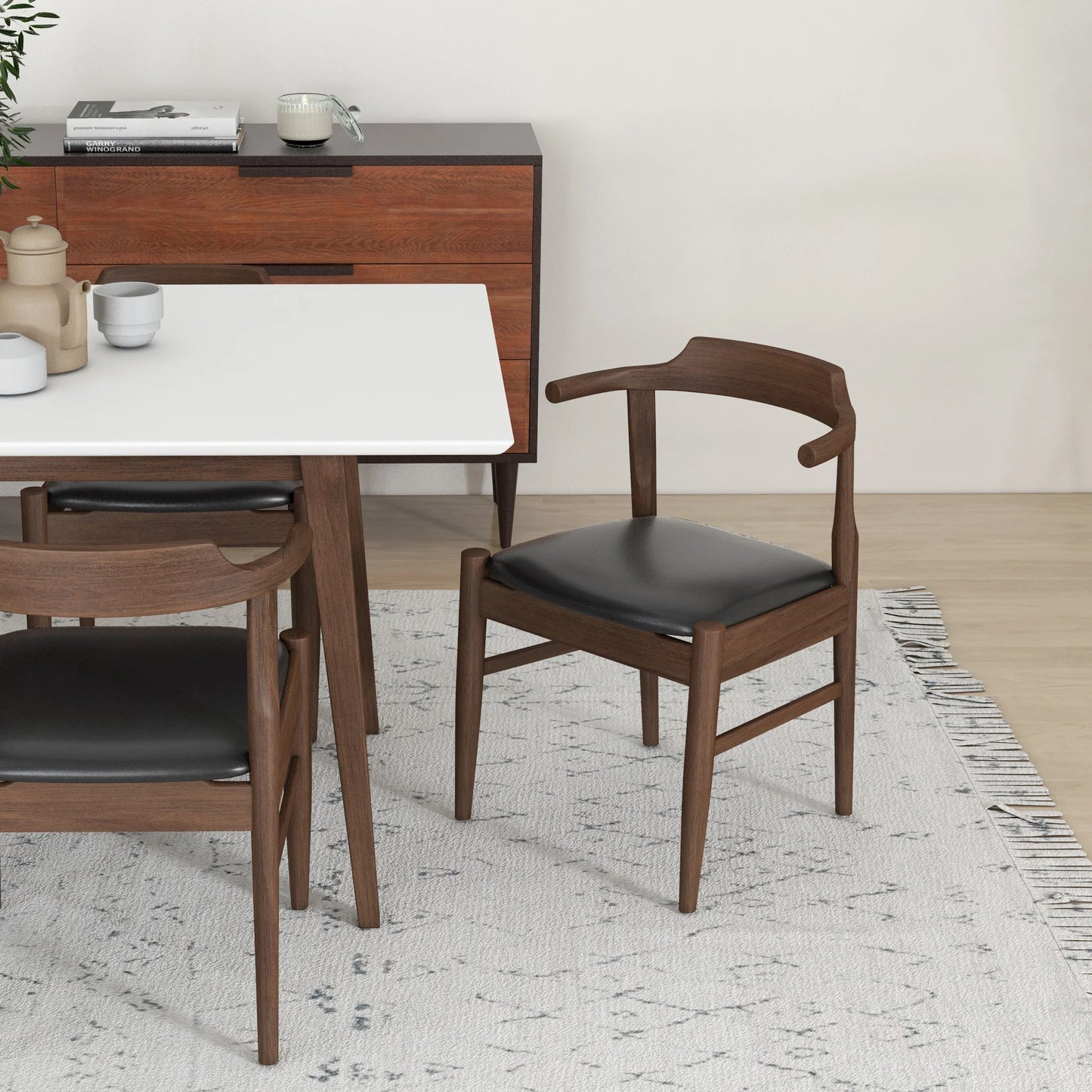 Dining Set, Alpine Large WHITE Table with 6 Zola Black Leather Chairs