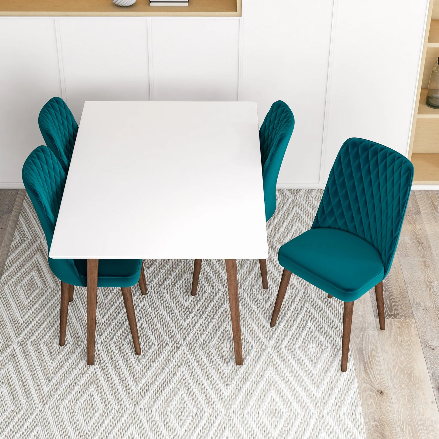 Adira (Small - White) Dining Set with 4 Evette (Teal Velvet) Dining Chairs