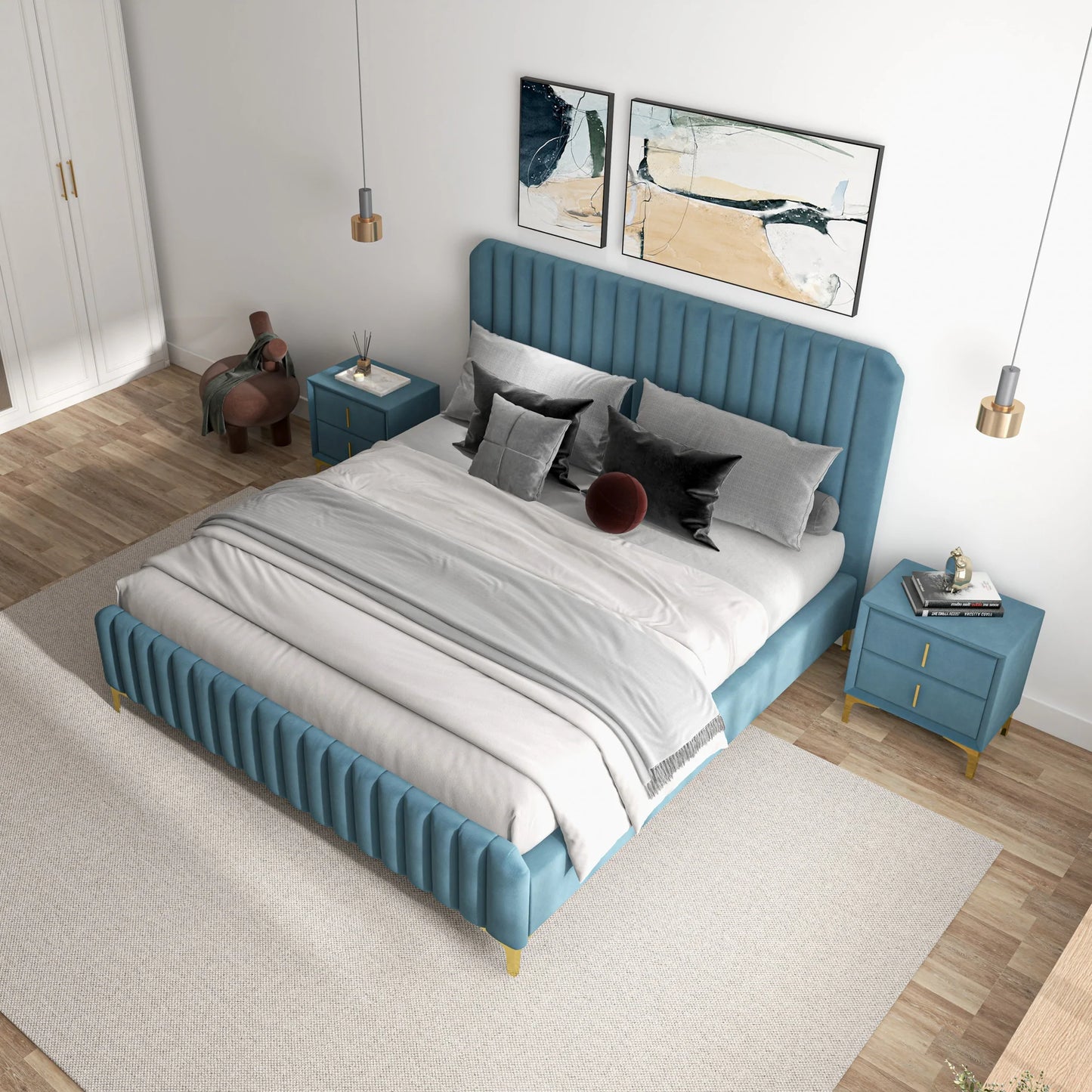 Angela Sea Blue Velvet Platform Bed