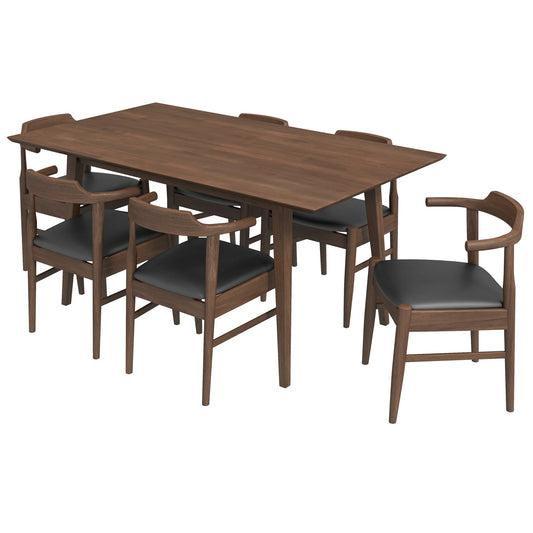 Dining Set, Alpine Large Table (Walnut) with 6 Zola Chairs (Black PU)