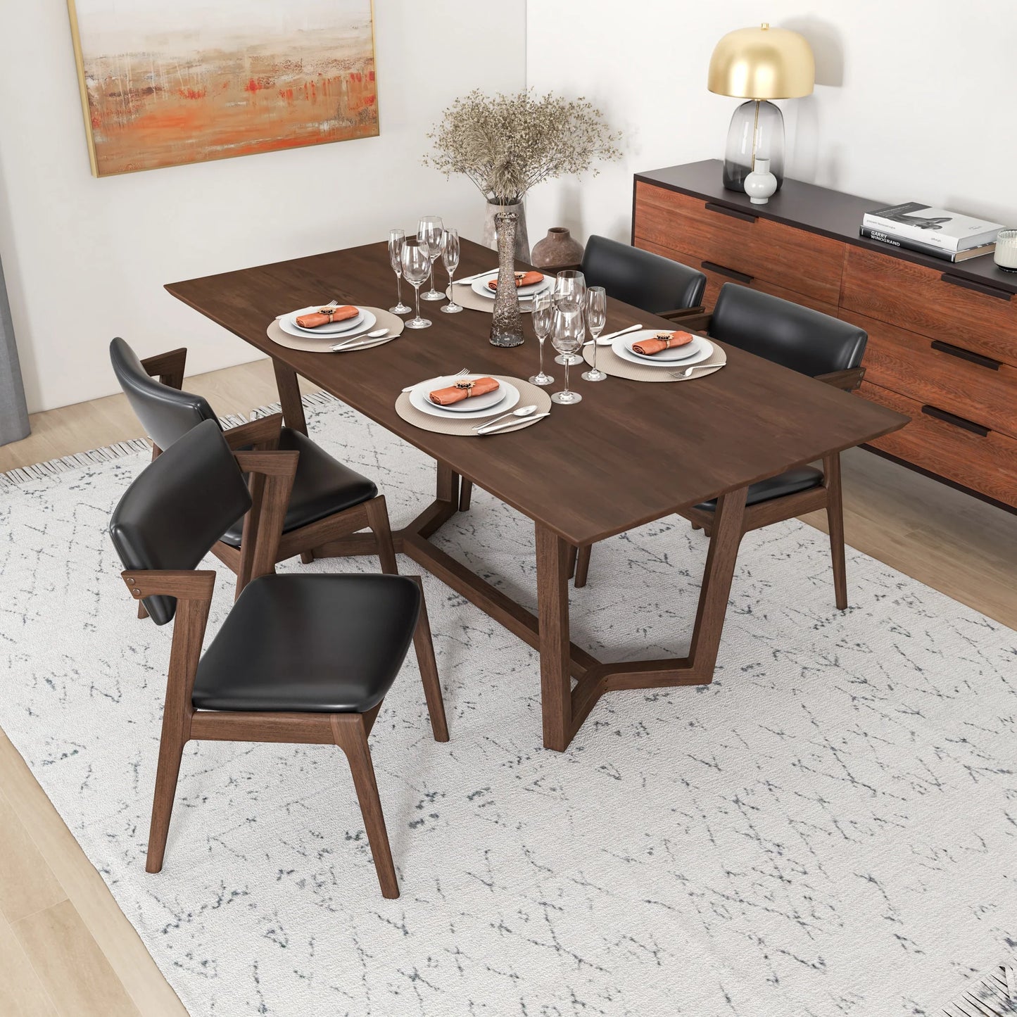 Dining Set Rolda Dining Table (Walnut) with 4 Ricco Chairs (Black Leather)