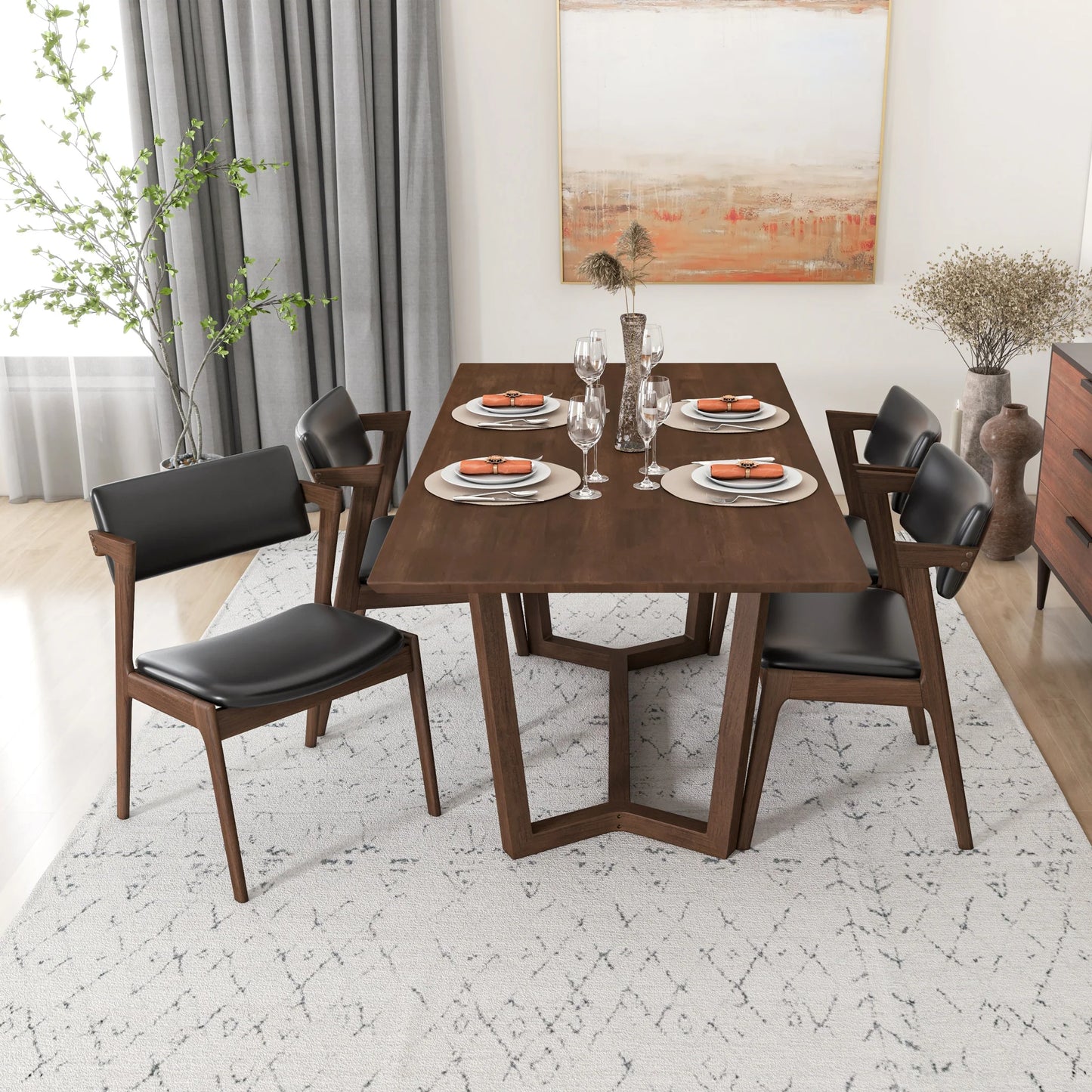 Dining Set Rolda Dining Table (Walnut) with 4 Ricco Chairs (Black Leather)