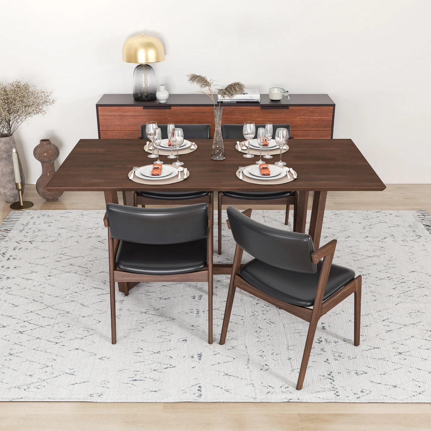 Dining Set Rolda Dining Table (Walnut) with 4 Ricco Chairs (Black Leather)