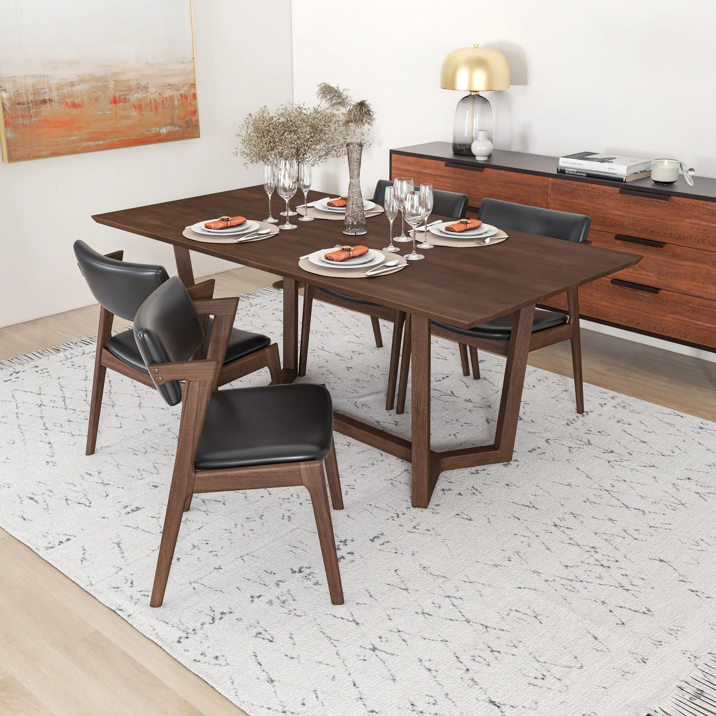 Dining Set Rolda Dining Table (Walnut) with 4 Ricco Chairs (Black Leather)