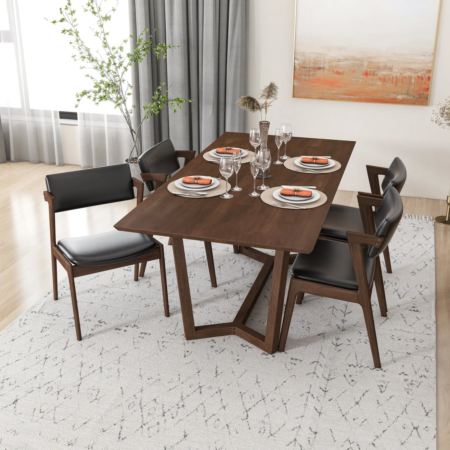 Dining Set Rolda Dining Table (Walnut) with 4 Ricco Chairs (Black Leather)