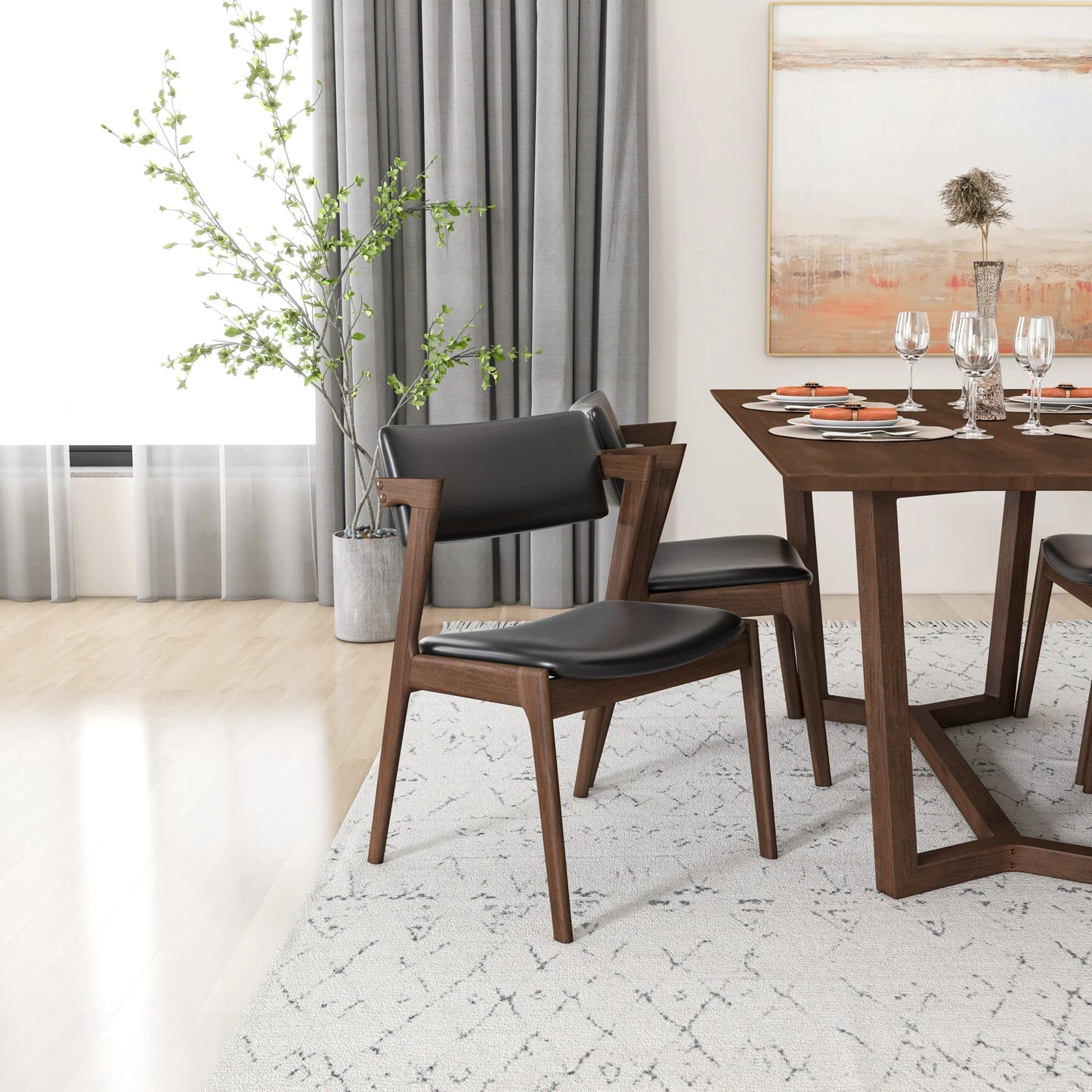 Dining Set Rolda Dining Table (Walnut) with 4 Ricco Chairs (Black Leather)